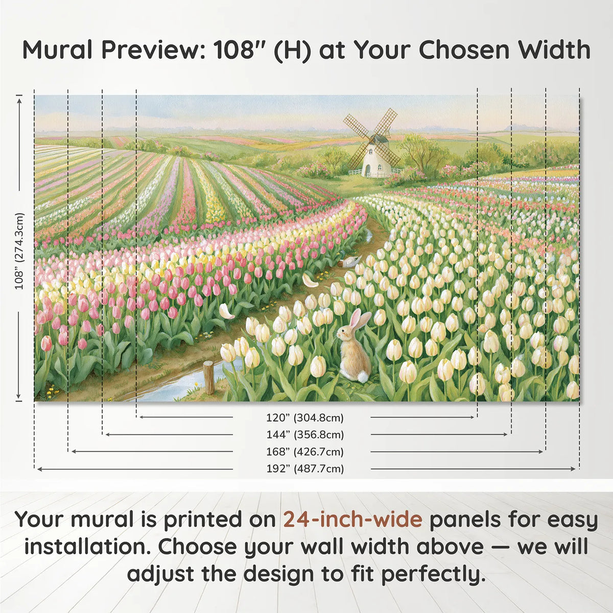 Panel layout and dimensions for Tulip Field Windmill Wallpaper Mural by Whimsy Tots