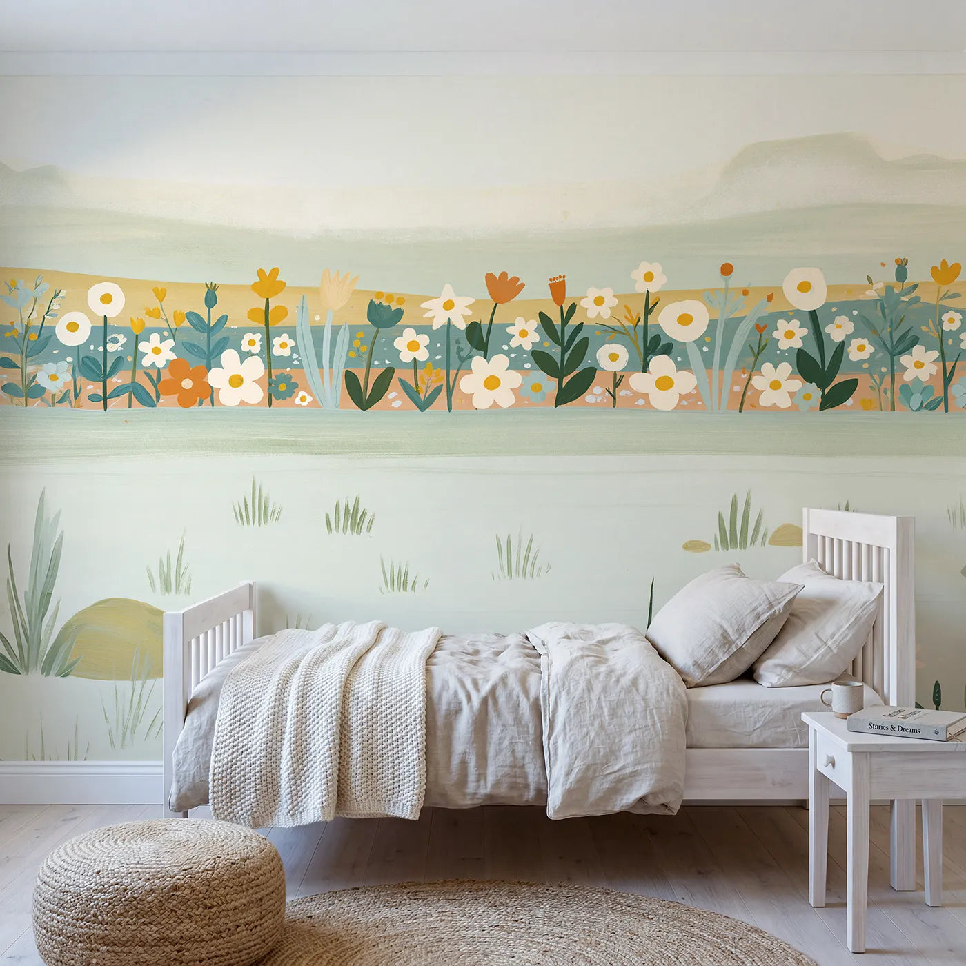 Folk gouache wall mural of a botanical flower band by Whimsy Tots