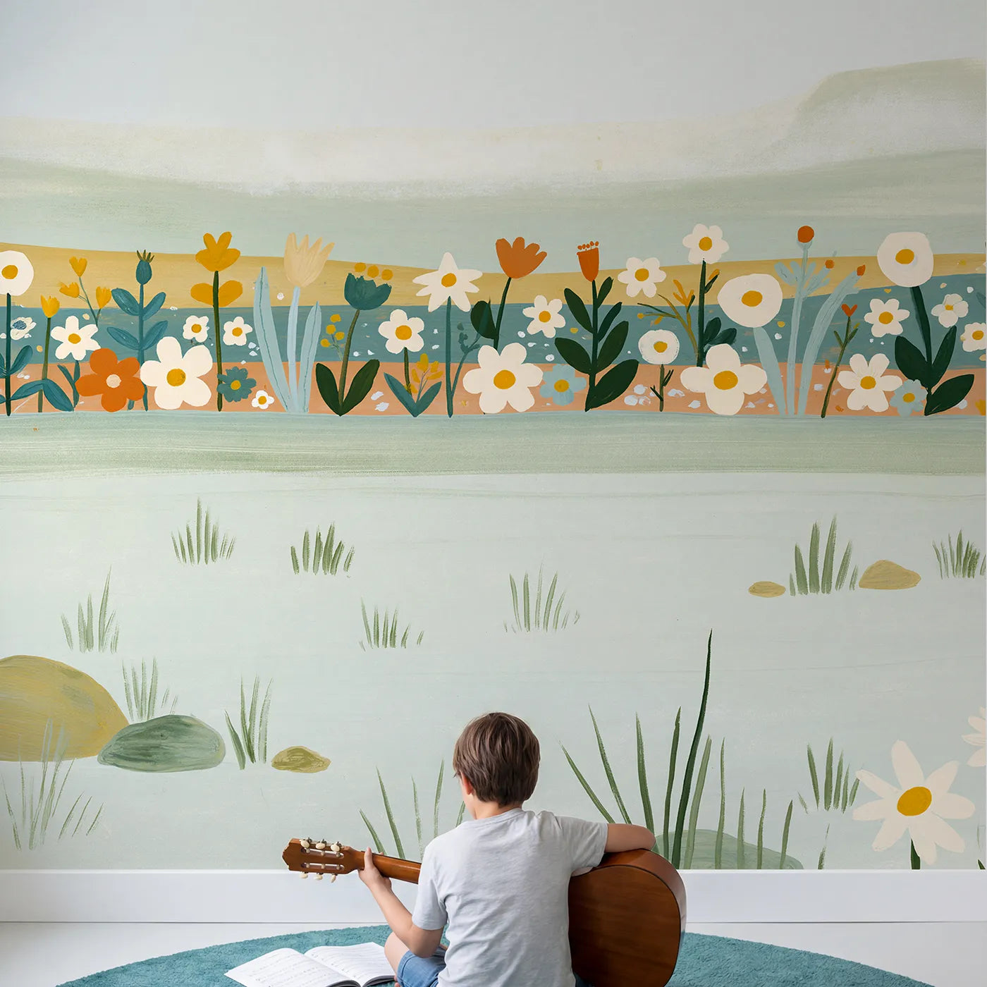 Child in nursery with Folk Botanical Band Wallpaper Mural by Whimsy Tots