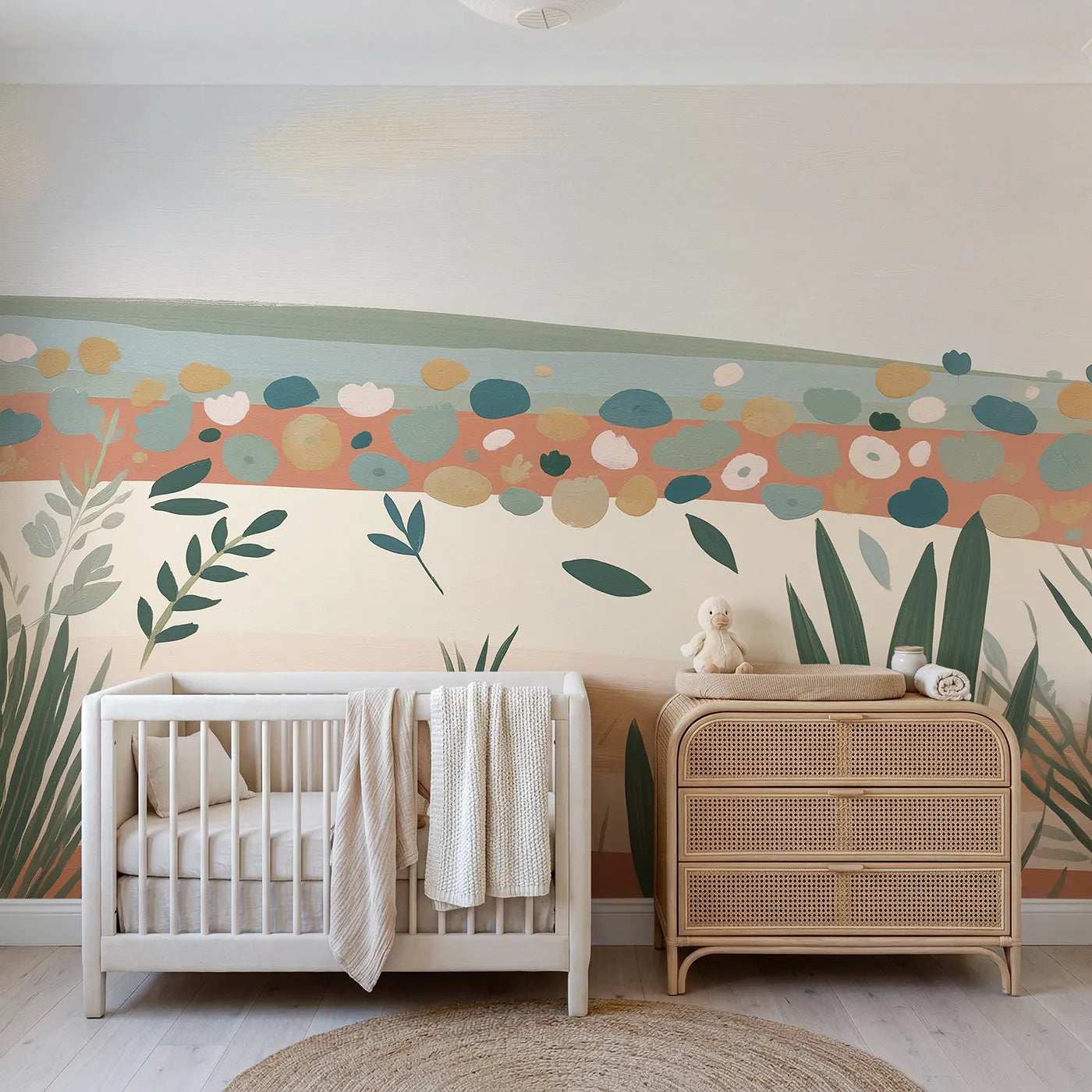 Folk gouache wall mural of bold simple bloom shapes by Whimsy Tots