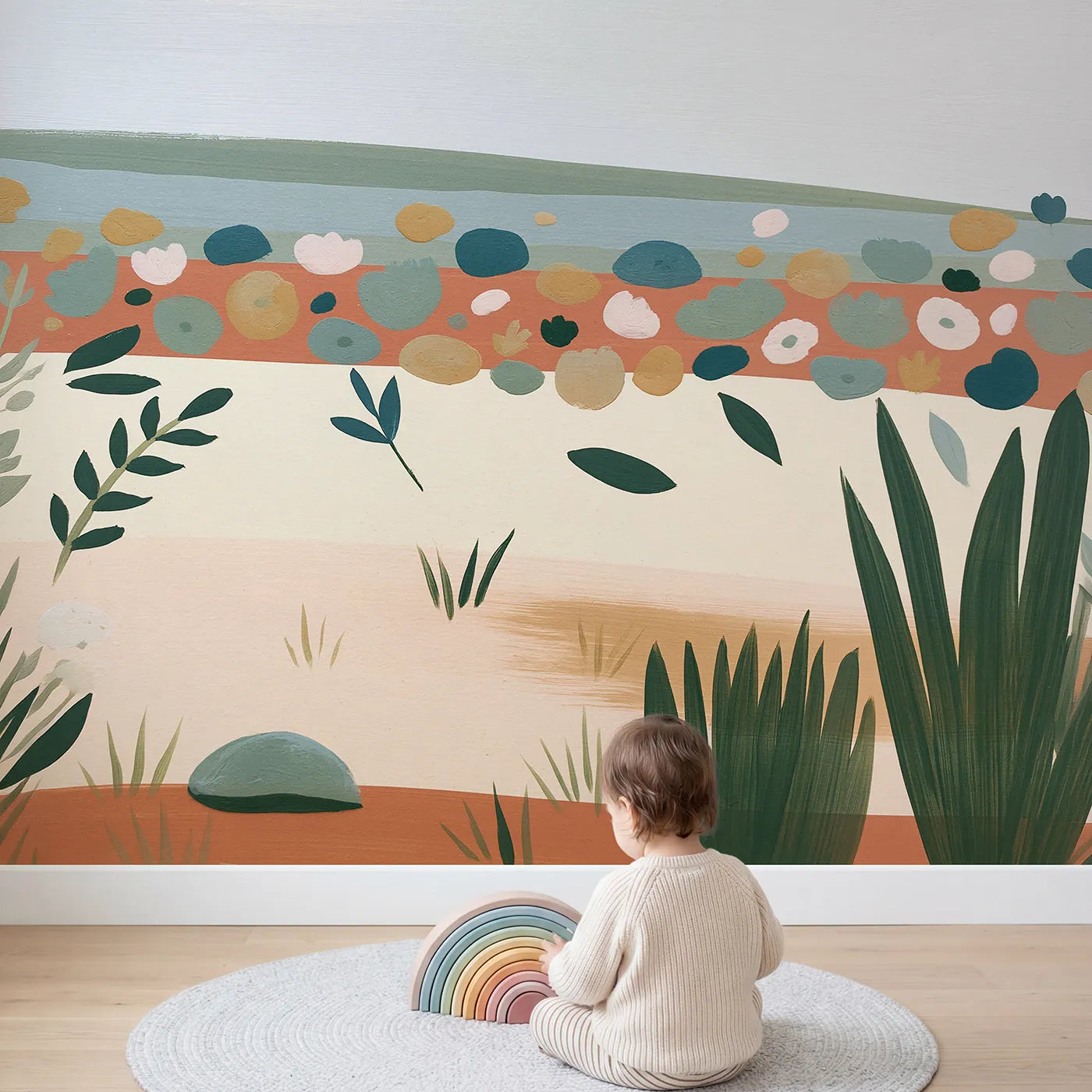 Child in nursery with Folk Bloom Shapes Wallpaper Mural by Whimsy Tots