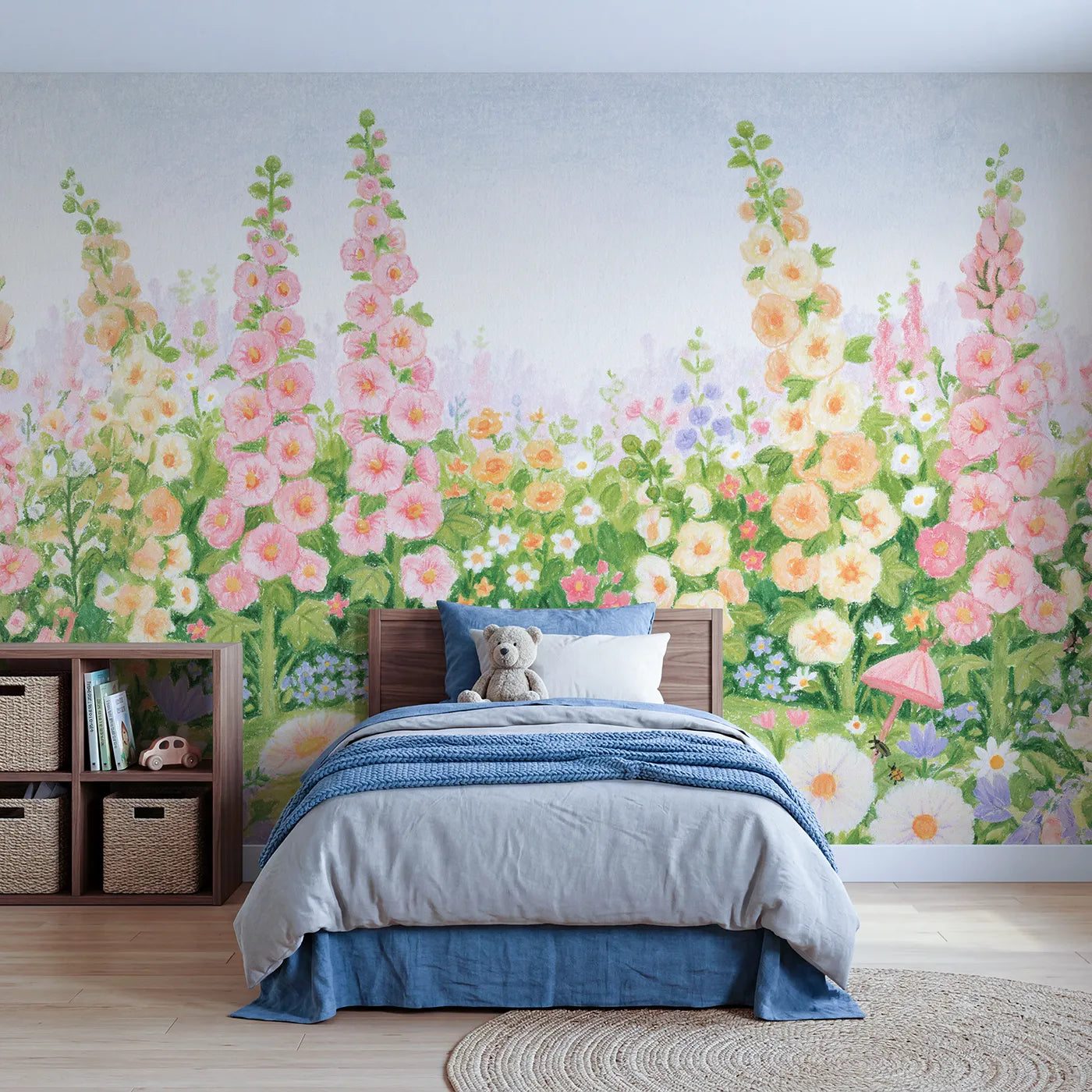 Colored Pencil mouse below towering hollyhock stems, mural for a toddler room by Whimsy Tots