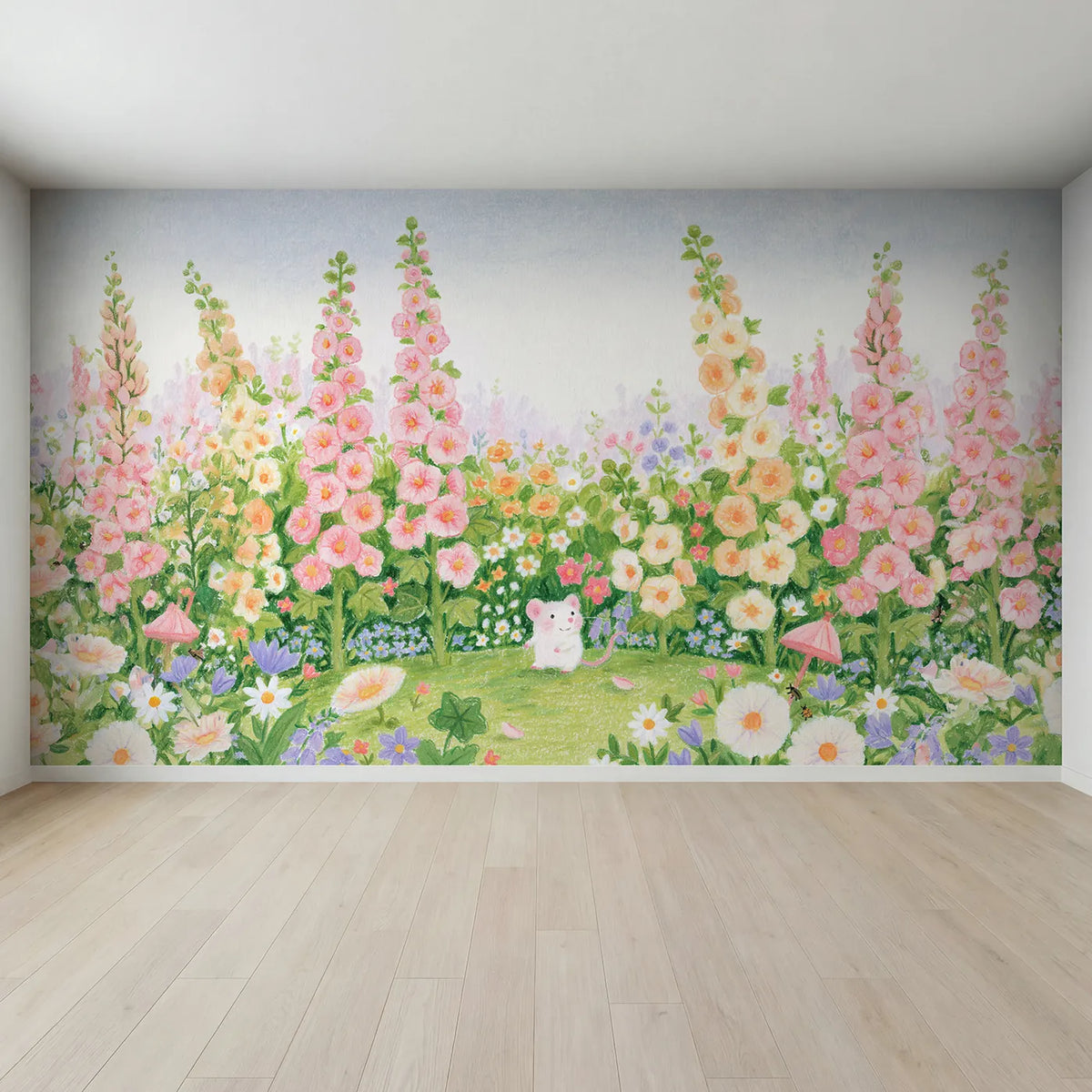 Full view of The Hollyhock Towers Wallpaper Mural by Whimsy Tots