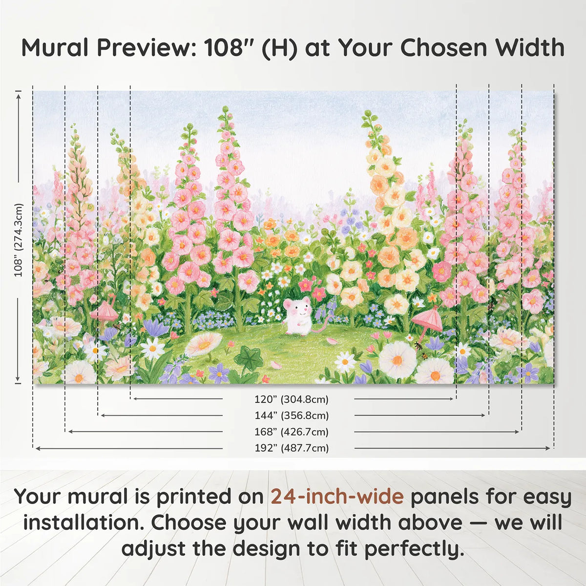 Panel layout and dimensions for The Hollyhock Towers Wallpaper Mural by Whimsy Tots