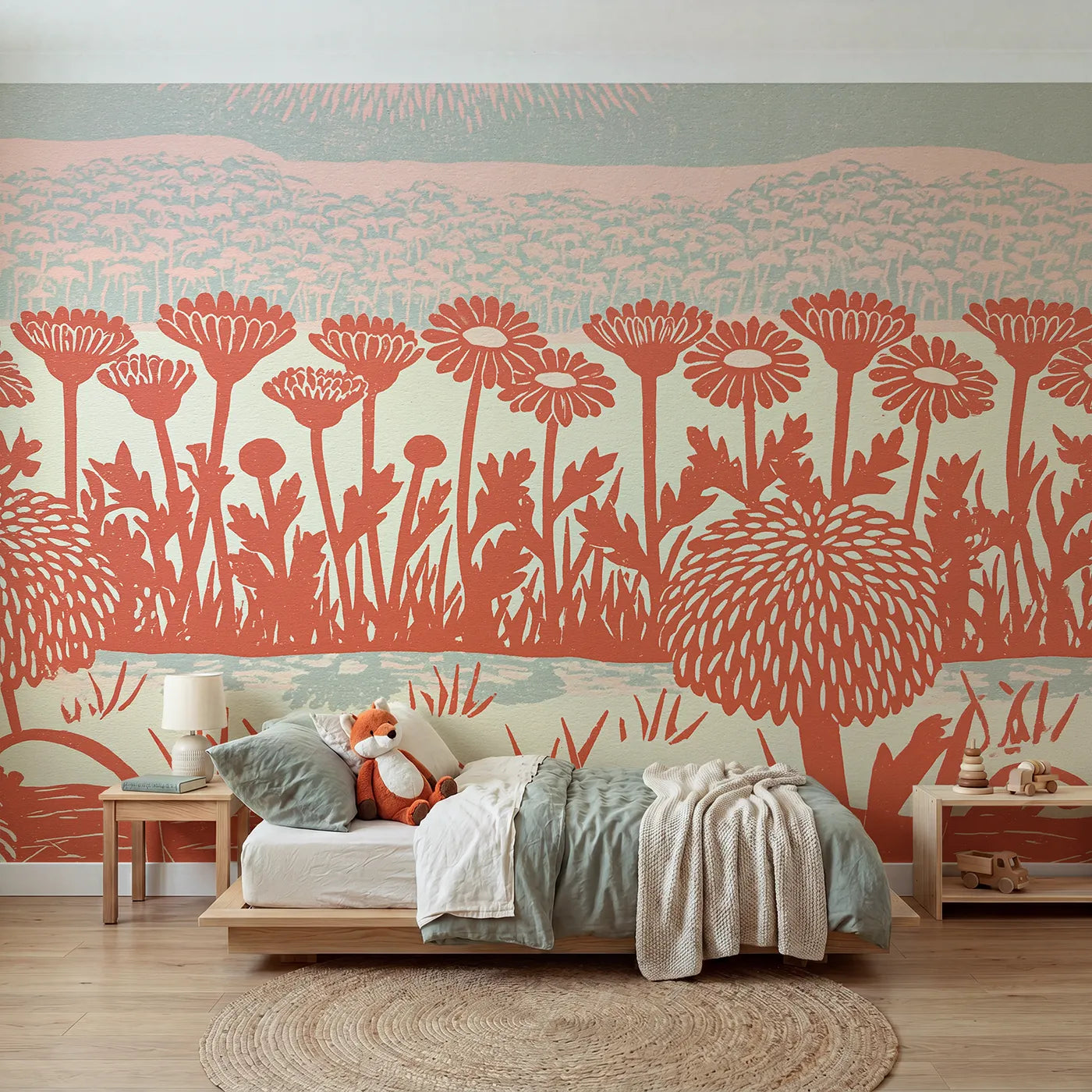 Linocut wall mural of a coral wildflower row by Whimsy Tots