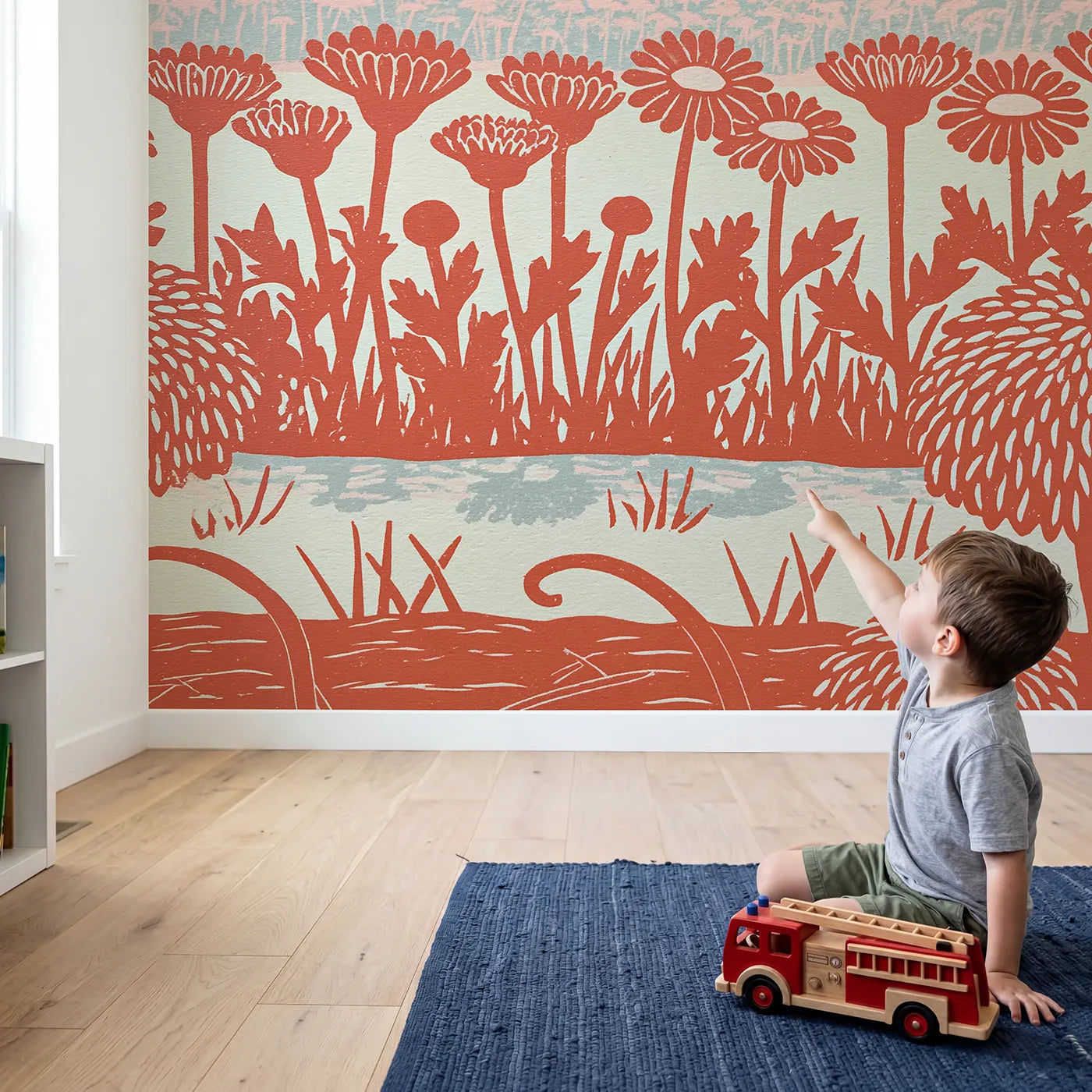 Child in nursery with Linocut Wildflower Row Wallpaper Mural by Whimsy Tots
