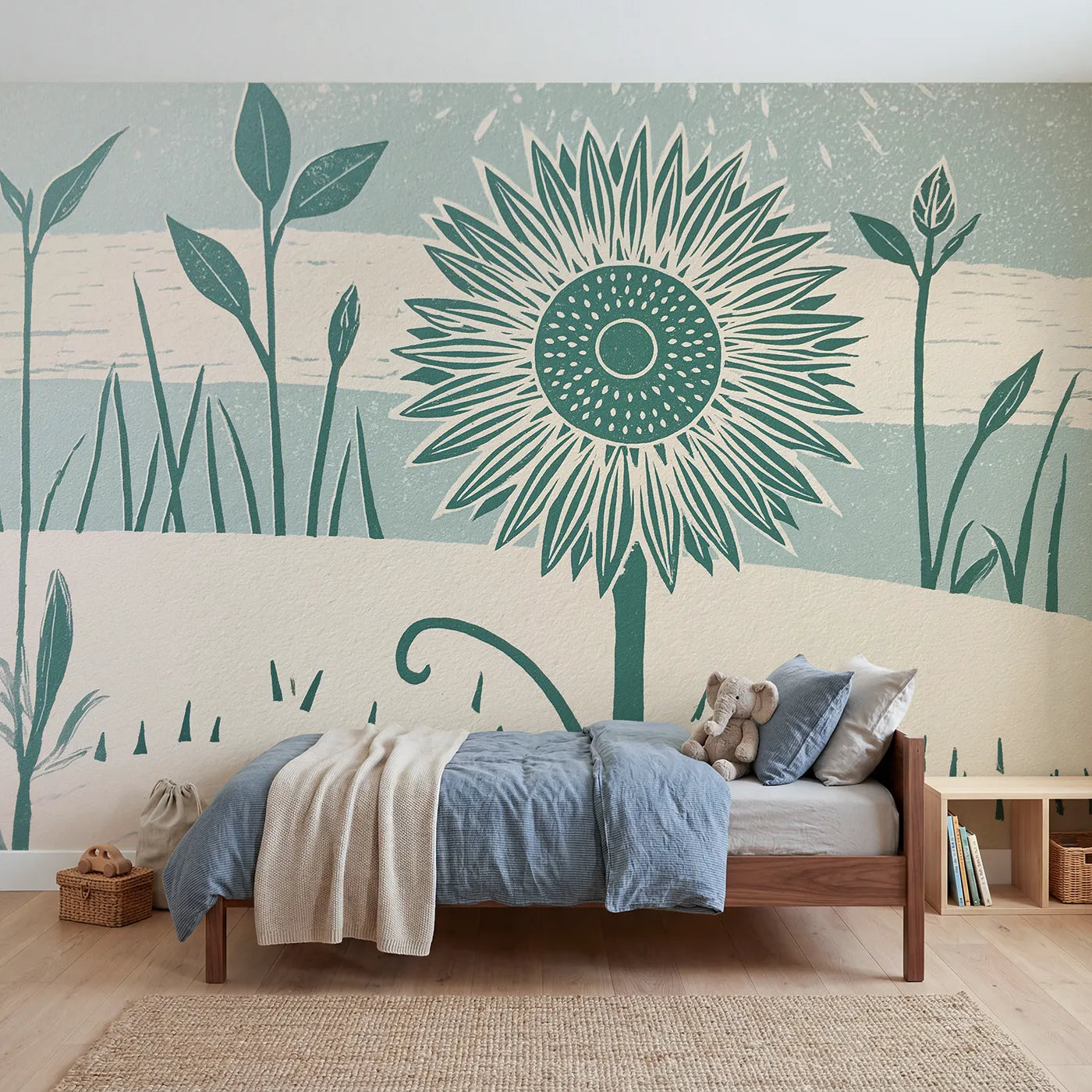 Linocut wall mural of a bold sage sunflower by Whimsy Tots