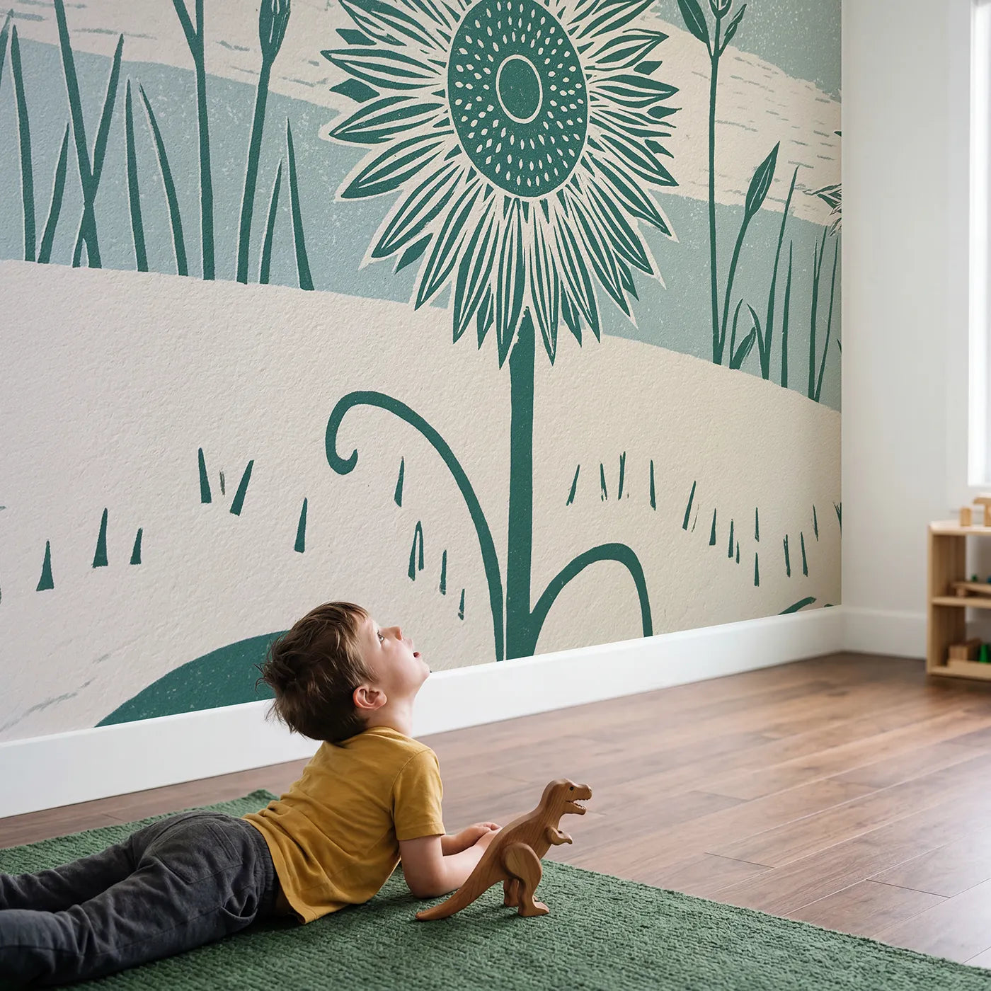 Child in nursery with Linocut Sunflower Bold Wallpaper Mural by Whimsy Tots