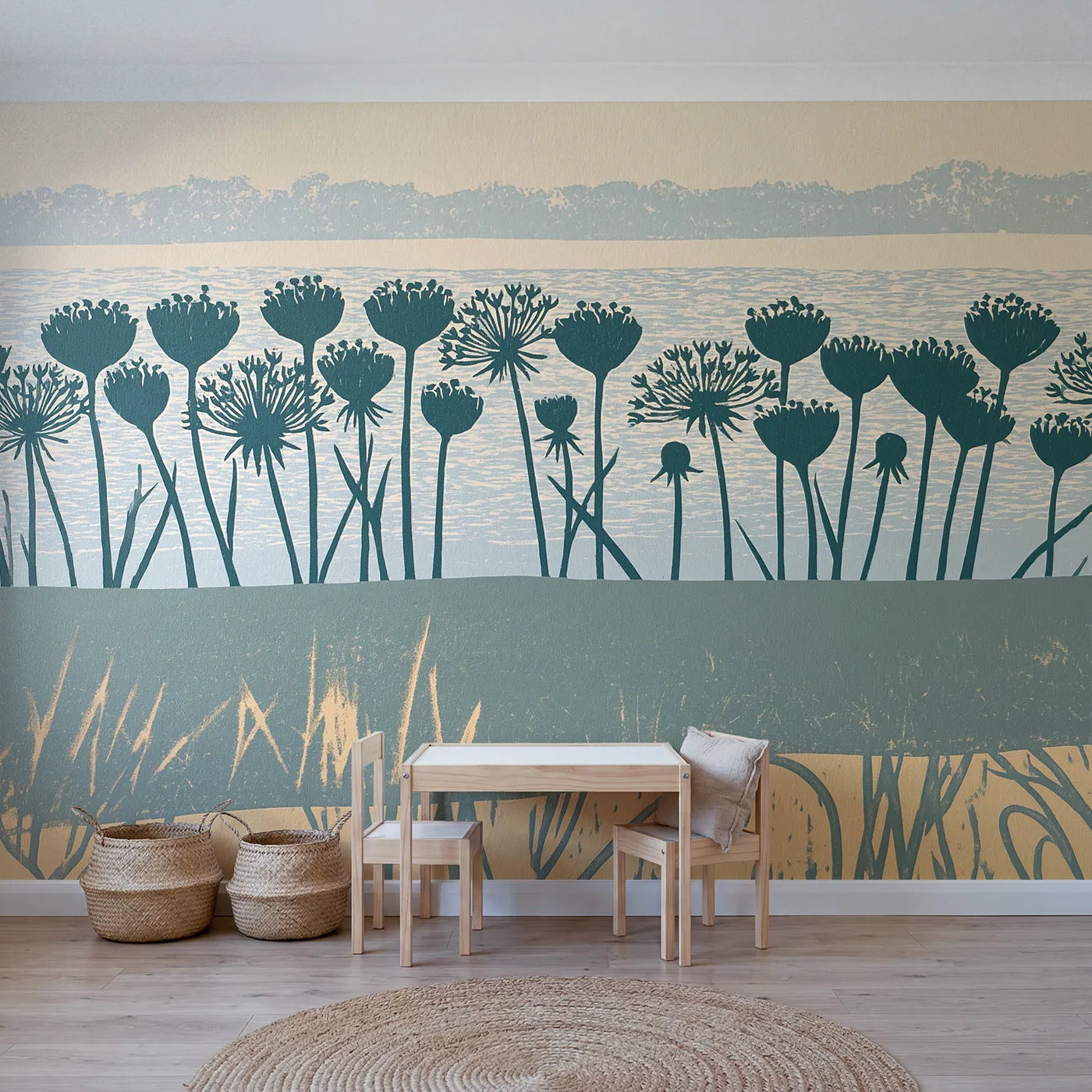 Linocut wall mural of a gentle flower border by Whimsy Tots