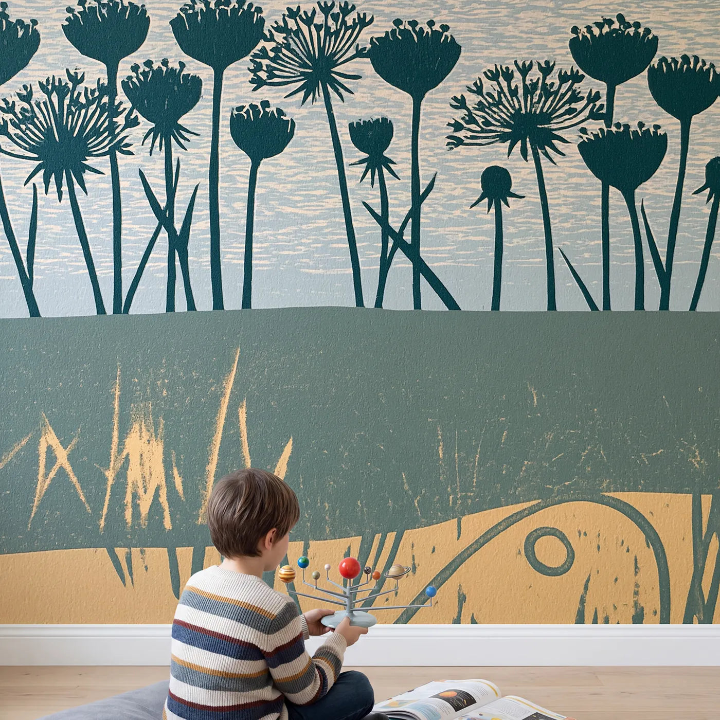 Child in nursery with Linocut Flower Border Wallpaper Mural by Whimsy Tots