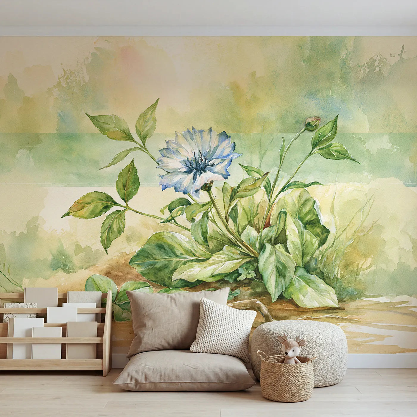 Watercolor wall mural of a labeled flower diagram by Whimsy Tots