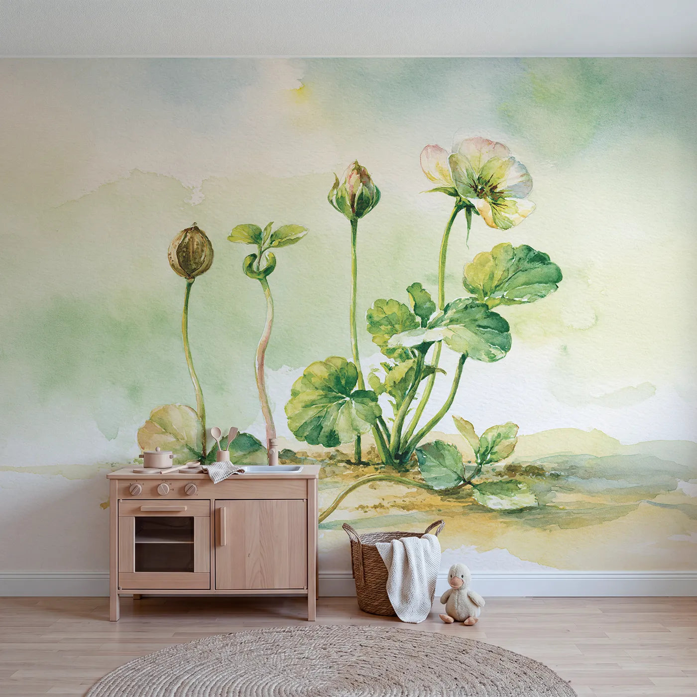 Watercolor wall mural of a seed to bloom sequence by Whimsy Tots