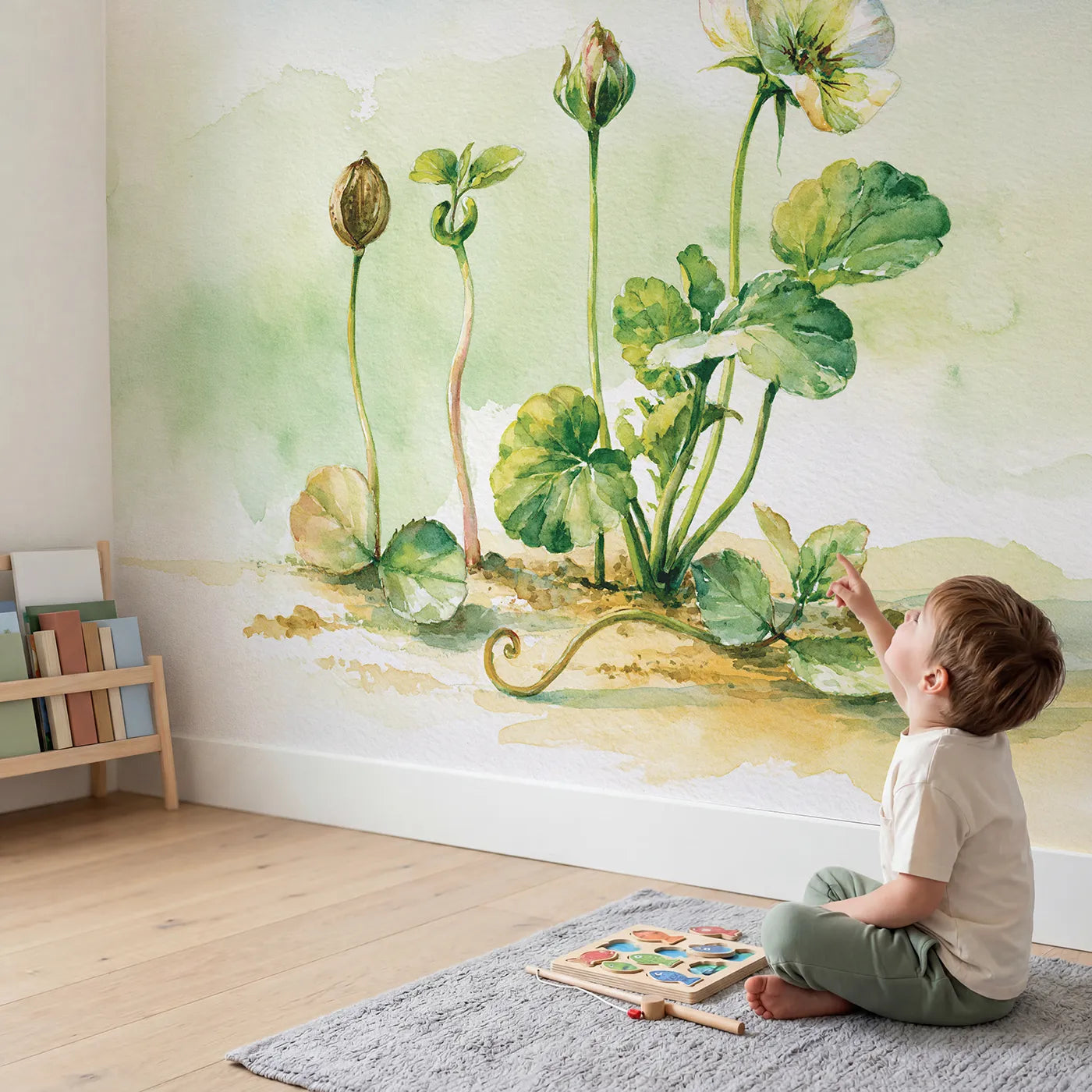 Child in nursery with Seed to Bloom Wallpaper Mural by Whimsy Tots