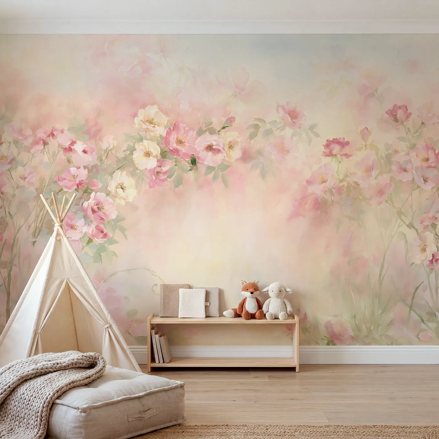 Watercolor wall mural of soft blooms in floral mist by Whimsy Tots
