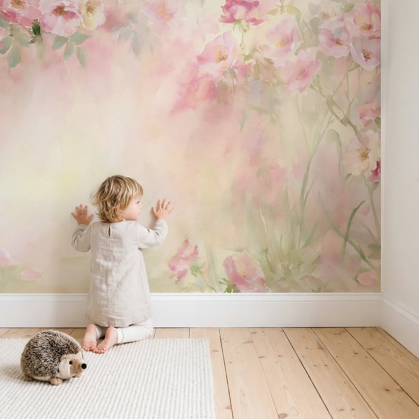 Child in nursery with Soft Floral Mist Wallpaper Mural by Whimsy Tots