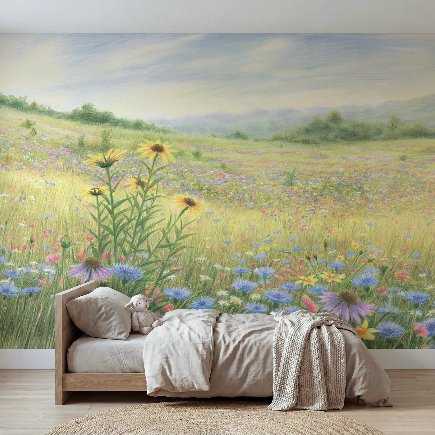 Colored-pencil wall mural of a brimming summer meadow by Whimsy Tots