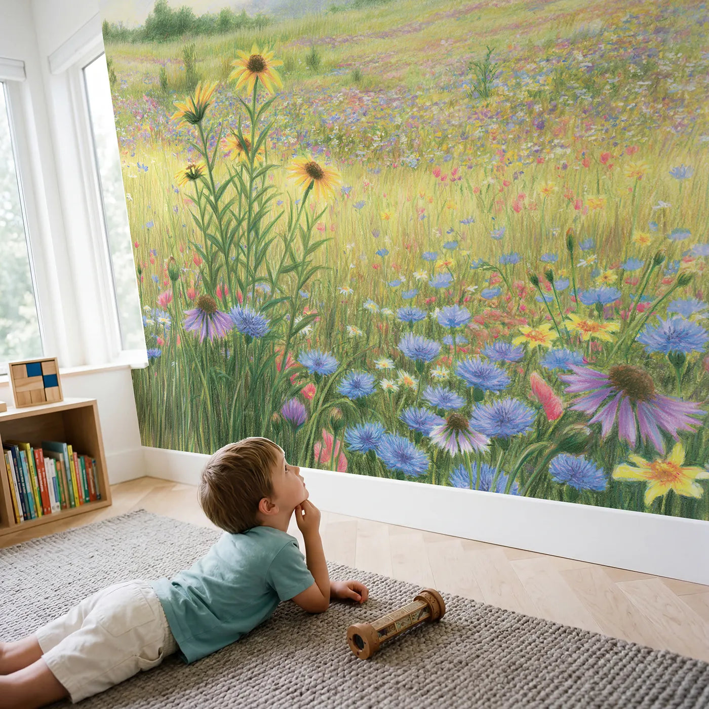 Child in nursery with Summer Wildflower Meadow Wallpaper Mural by Whimsy Tots