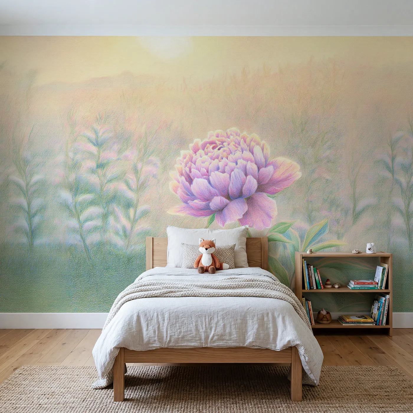 Colored-pencil wall mural of a single full peony by Whimsy Tots