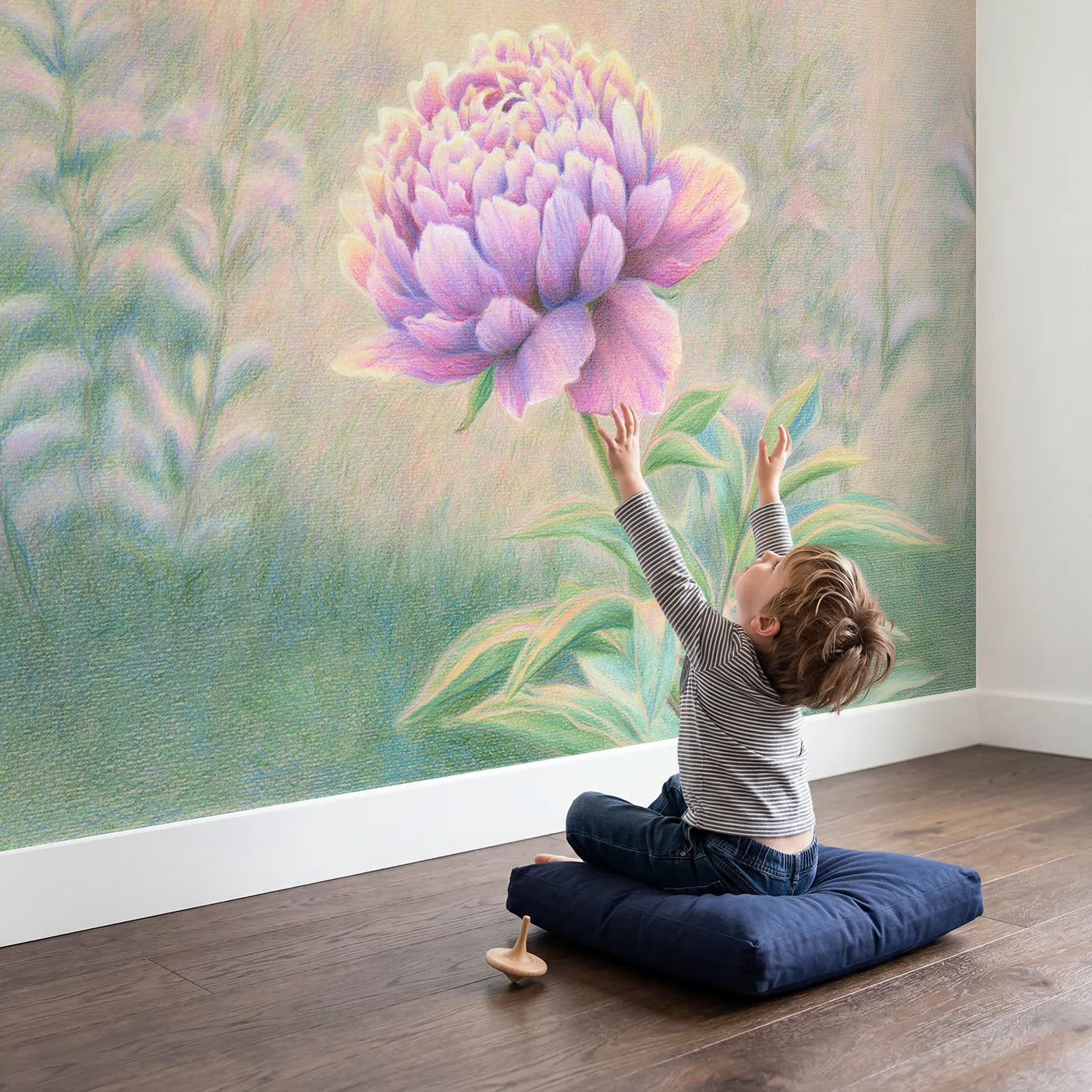 Child in nursery with Single Soft Peony Wallpaper Mural by Whimsy Tots