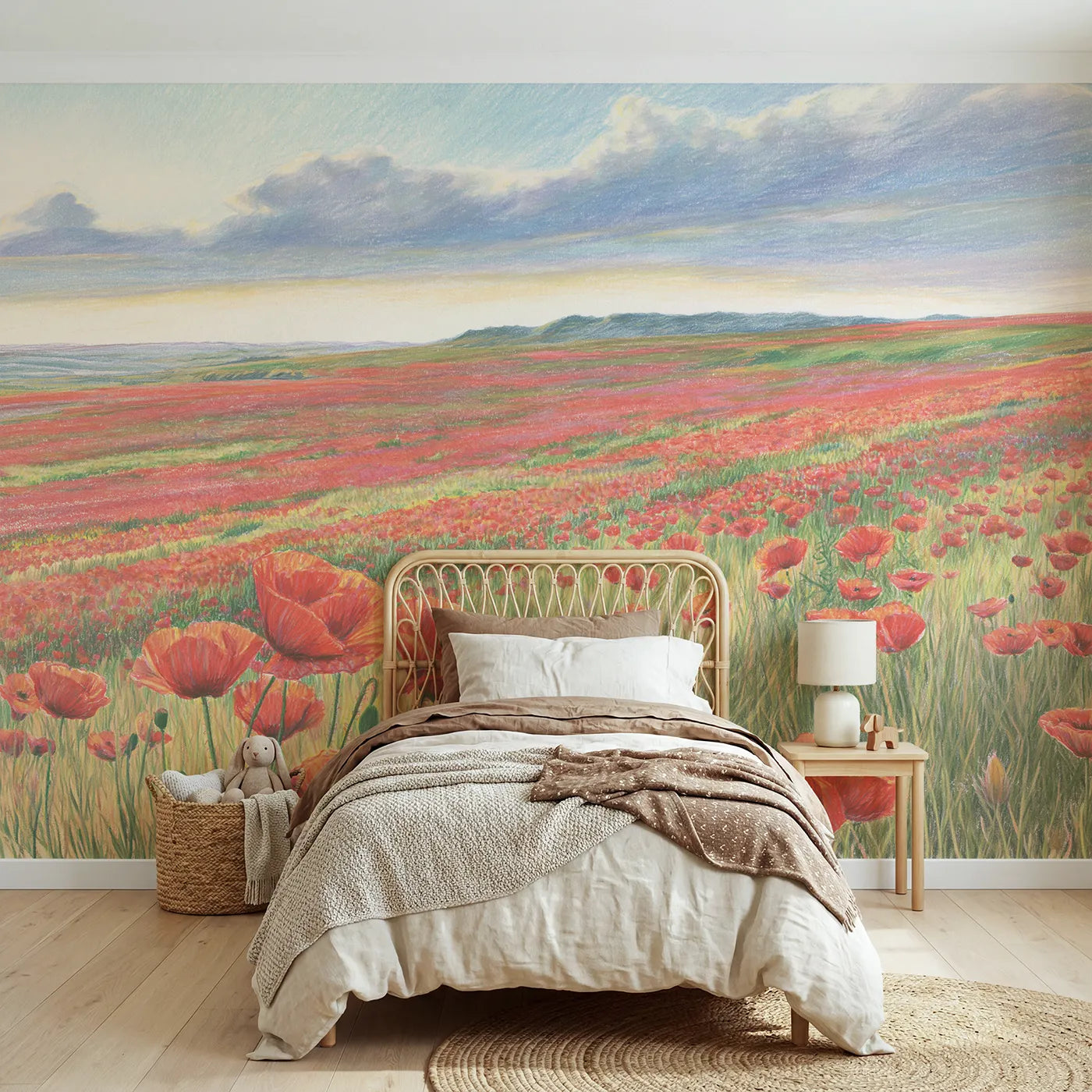 Colored-pencil wall mural of a soft red poppy field by Whimsy Tots