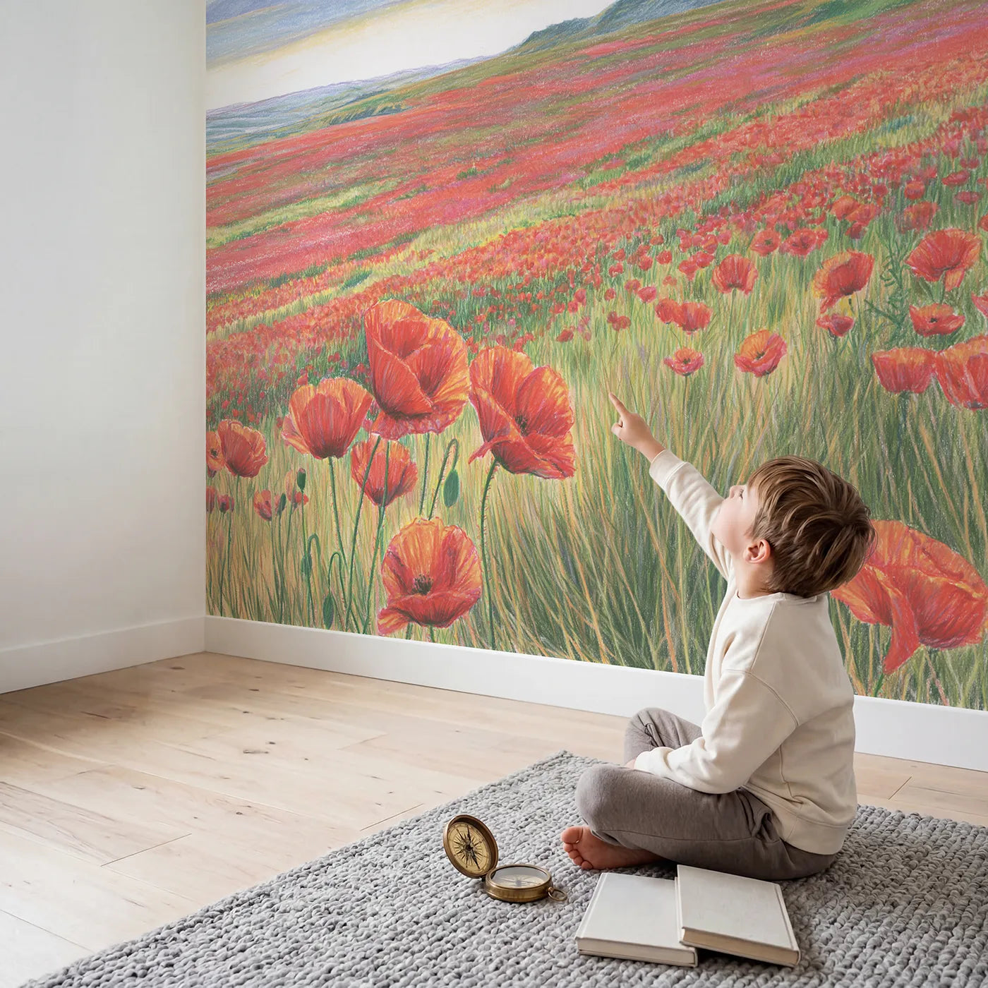 Child in nursery with Poppy Field Wallpaper Mural by Whimsy Tots