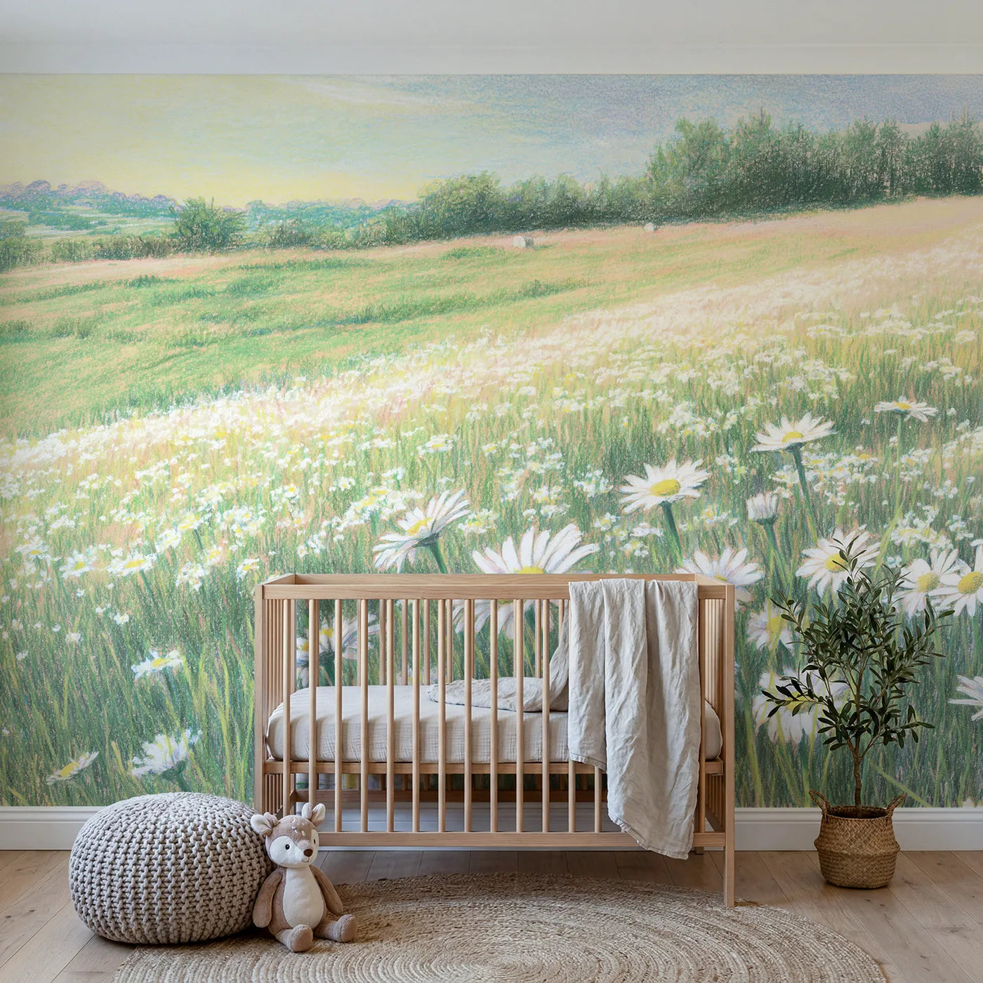 Colored-pencil wall mural of a scattered daisy meadow by Whimsy Tots