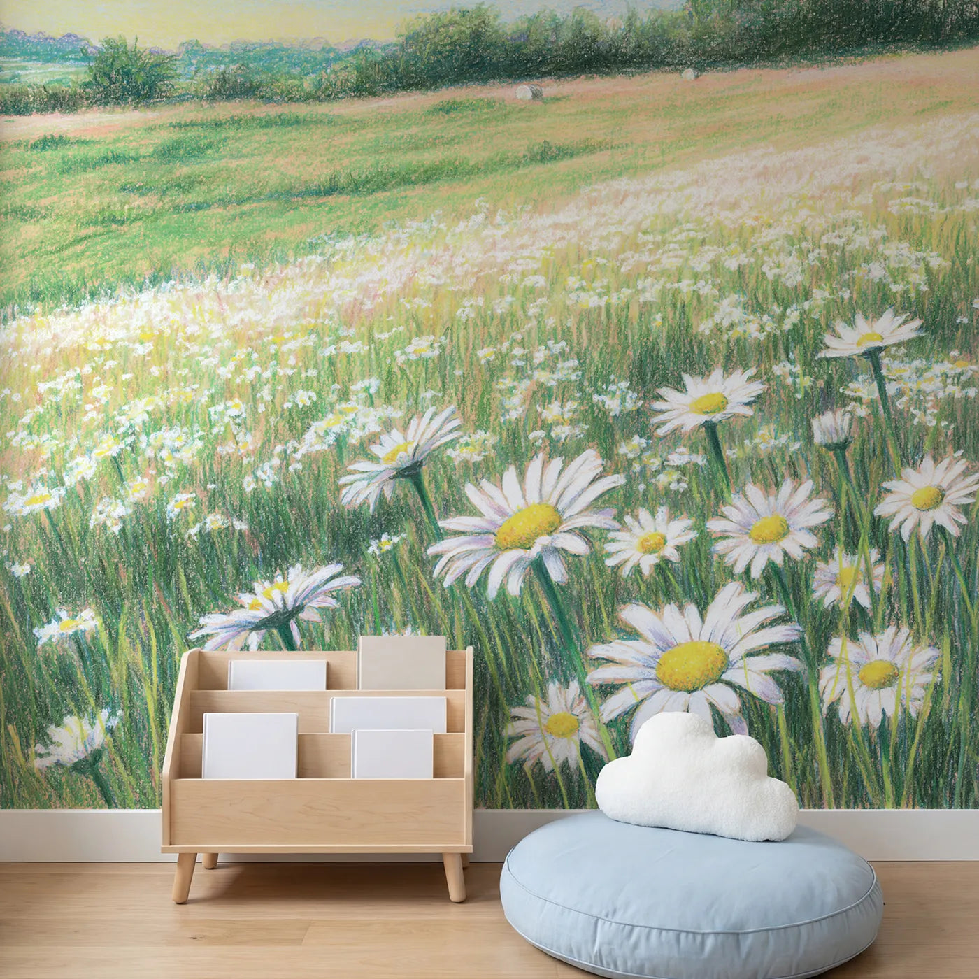 Child in nursery with Daisy Meadow Wallpaper Mural by Whimsy Tots