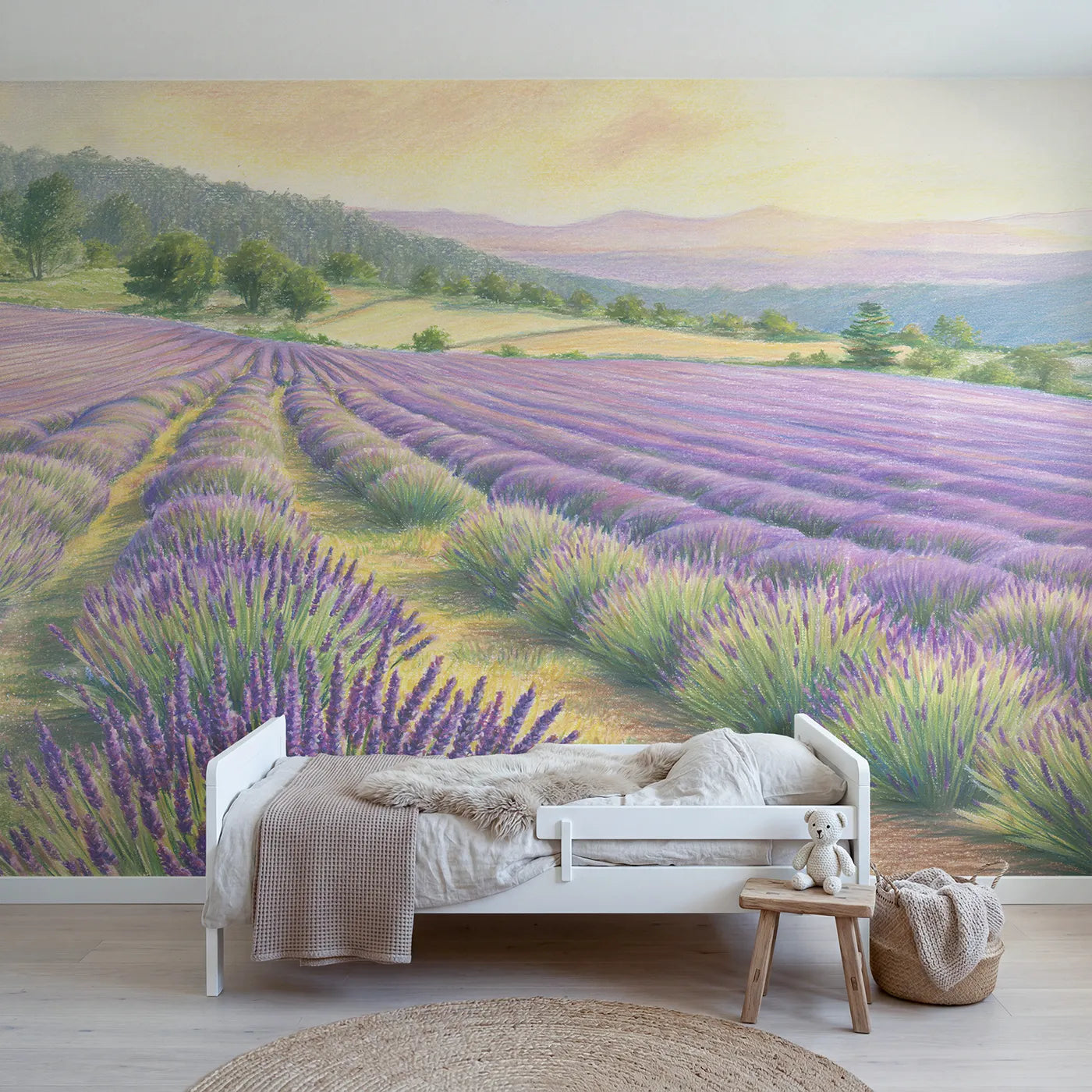 Colored-pencil wall mural of stretching lavender rows by Whimsy Tots