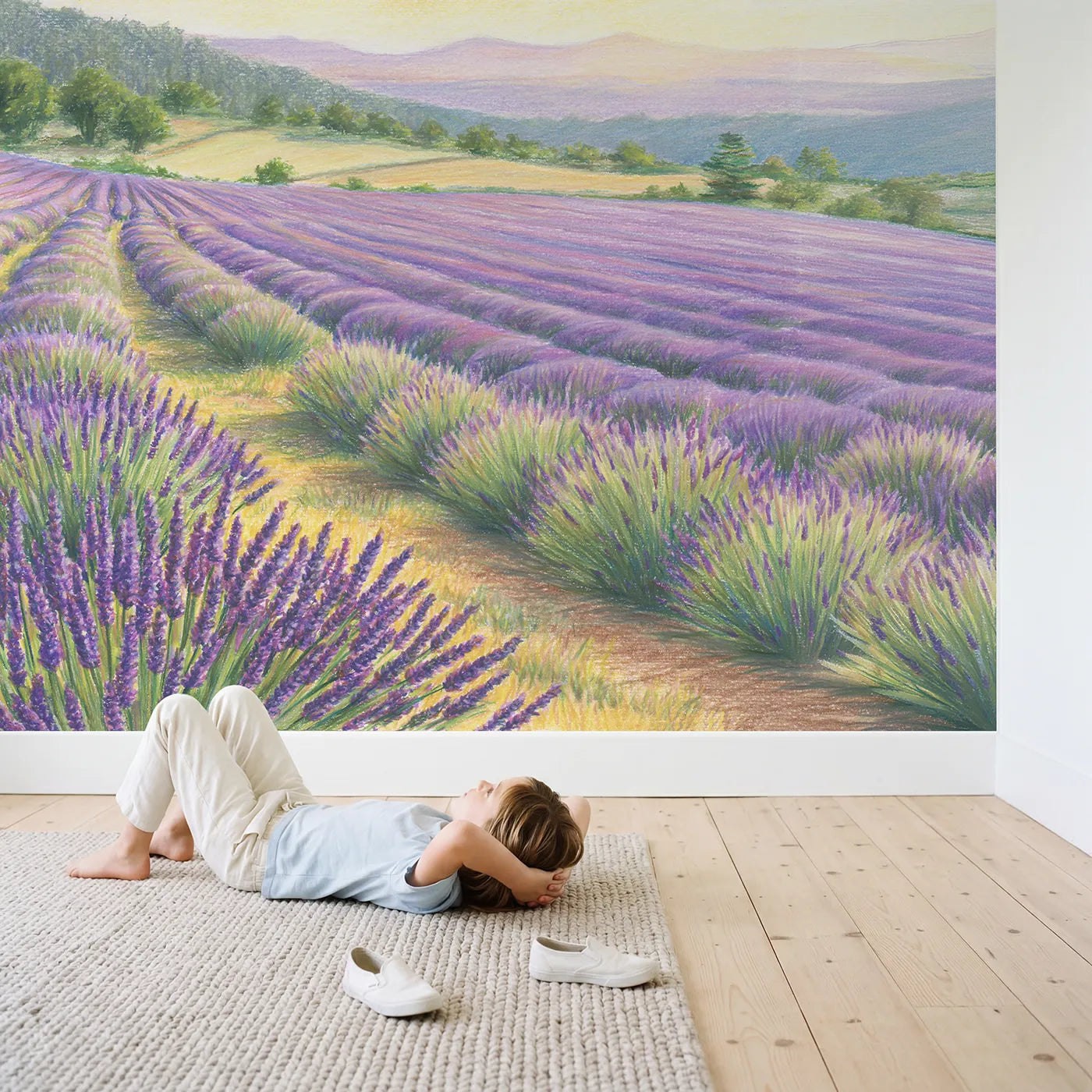 Child in nursery with Lavender Rows Wallpaper Mural by Whimsy Tots
