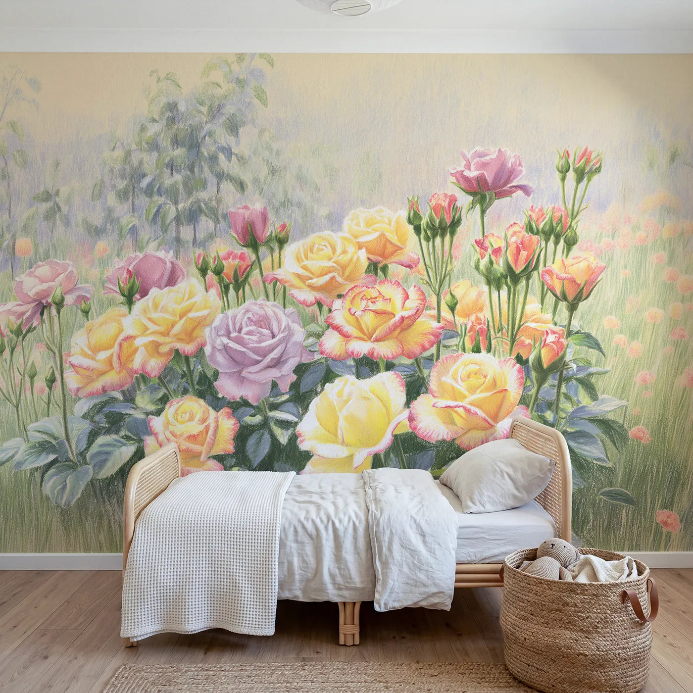 Colored-pencil wall mural of a garden rose bouquet by Whimsy Tots