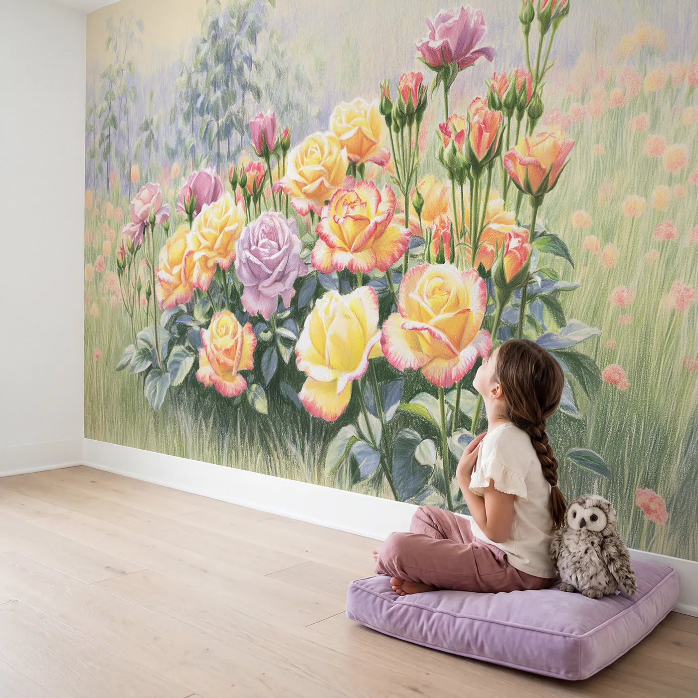 Child in nursery with Bouquet of Garden Roses Wallpaper Mural by Whimsy Tots