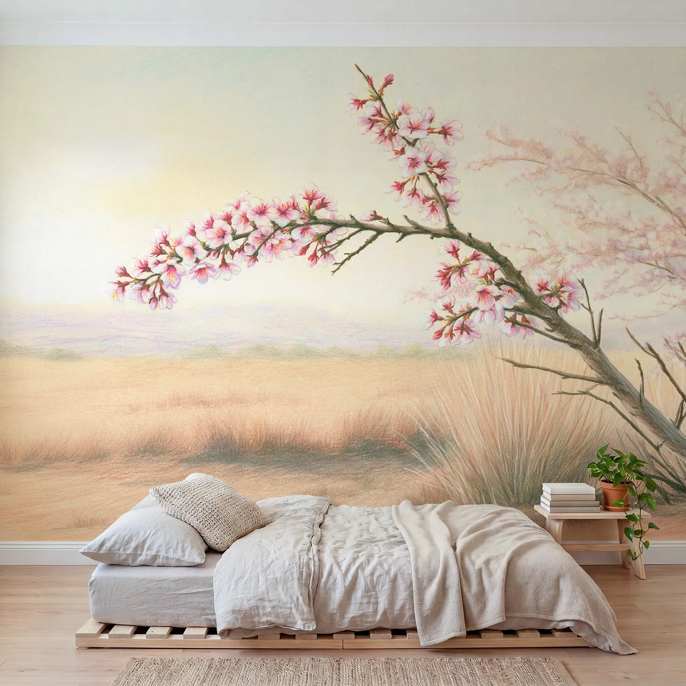 Colored-pencil wall mural of a sweeping cherry branch by Whimsy Tots