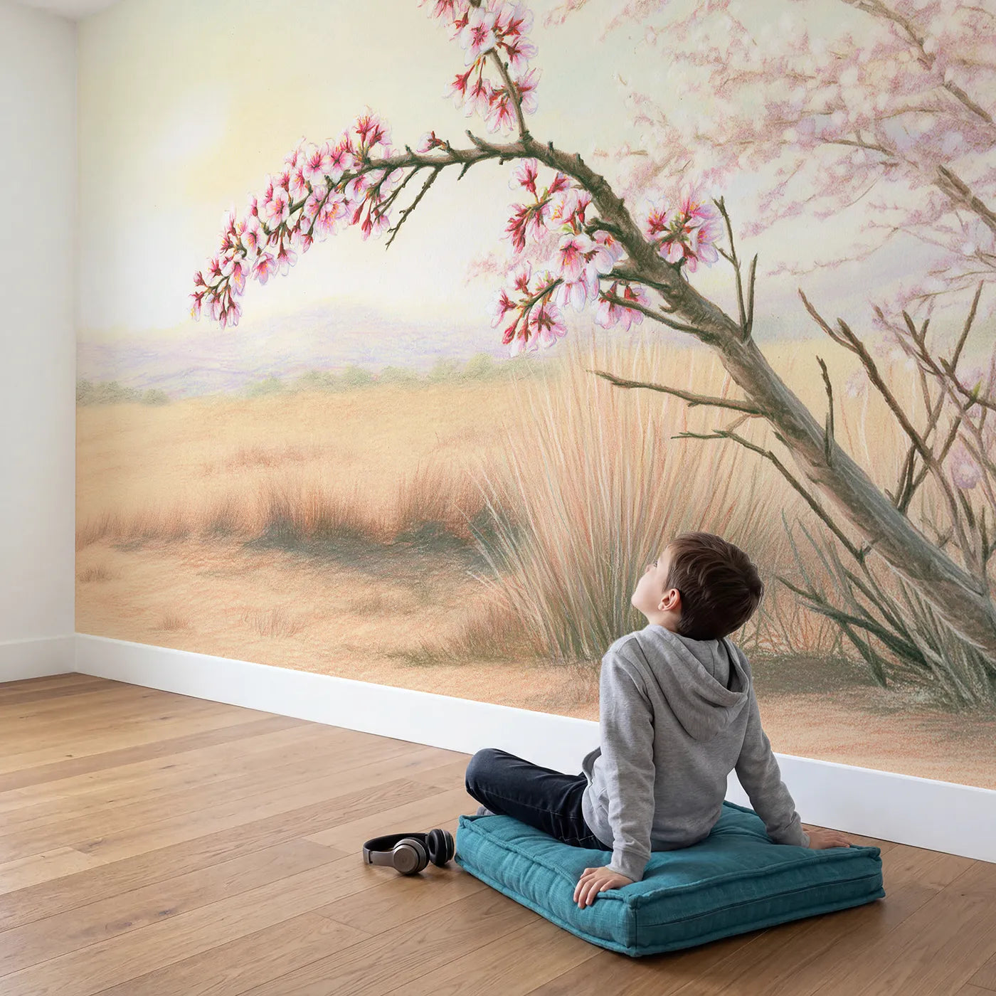 Child in nursery with Drifting Cherry Blossoms Wallpaper Mural by Whimsy Tots