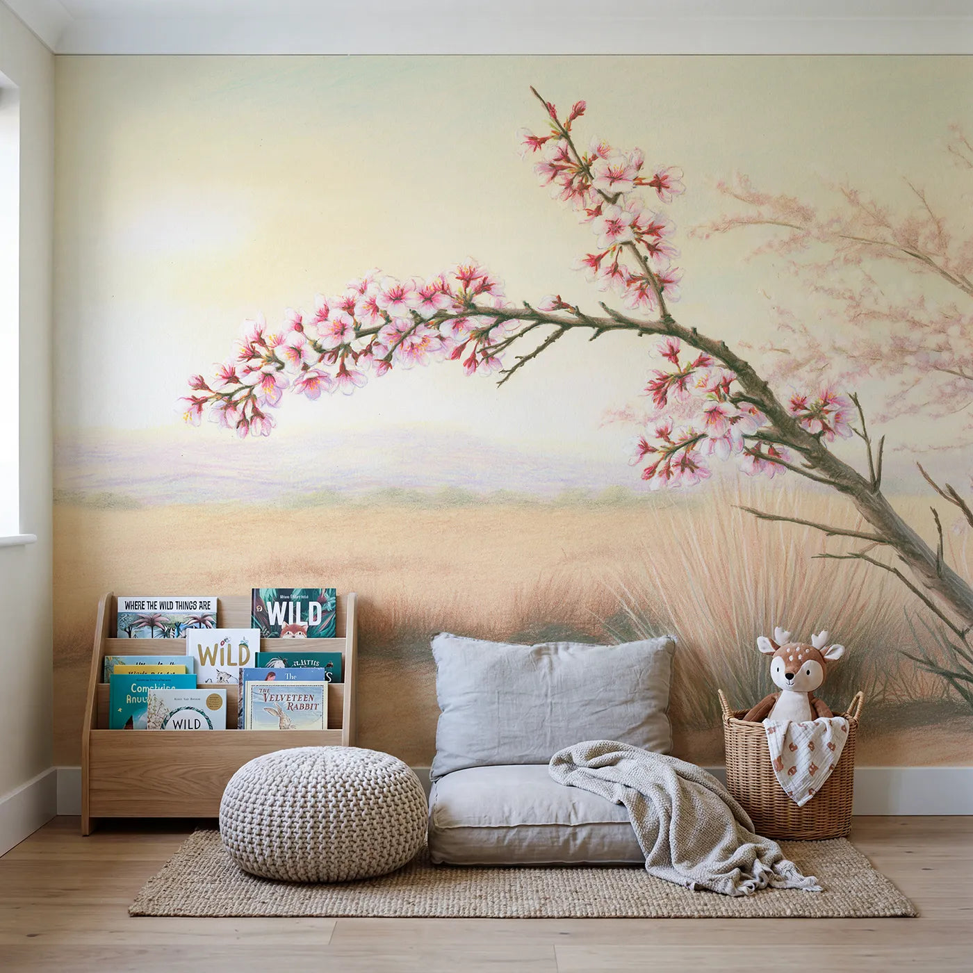Drifting Cherry Blossoms Wallpaper Mural in playroom setting by Whimsy Tots