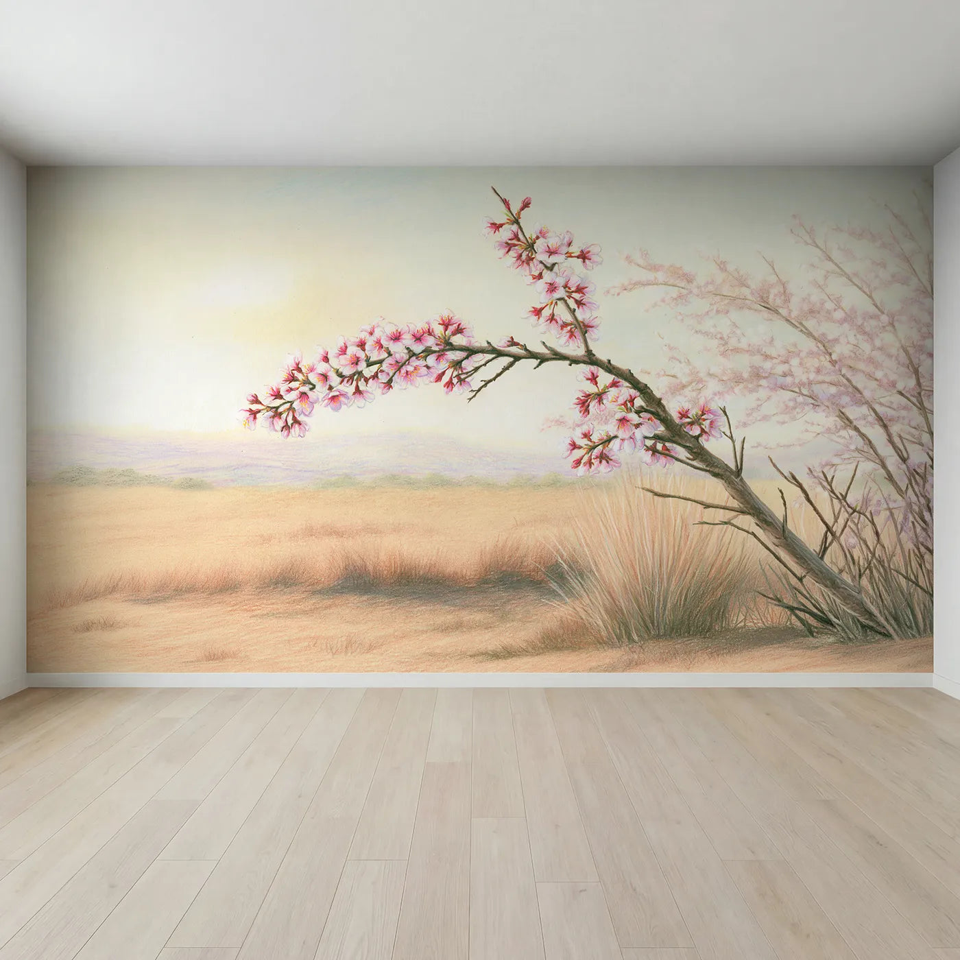 Full view of Drifting Cherry Blossoms Wallpaper Mural by Whimsy Tots