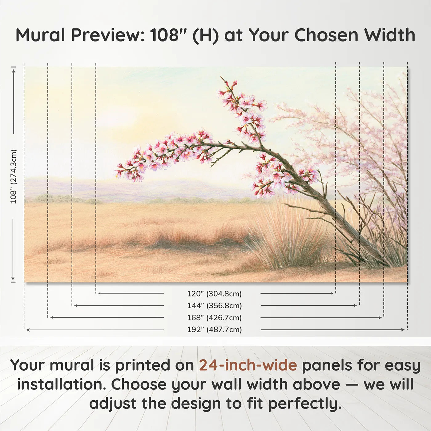 Panel layout and dimensions for Drifting Cherry Blossoms Wallpaper Mural by Whimsy Tots