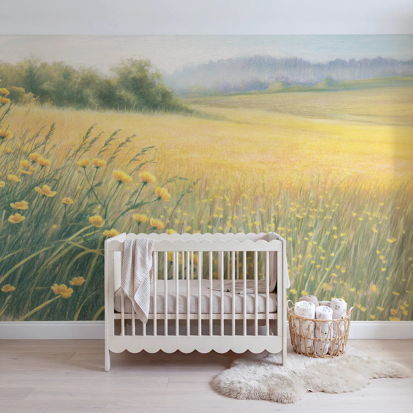 Colored-pencil wall mural of a glowing buttercup meadow by Whimsy Tots