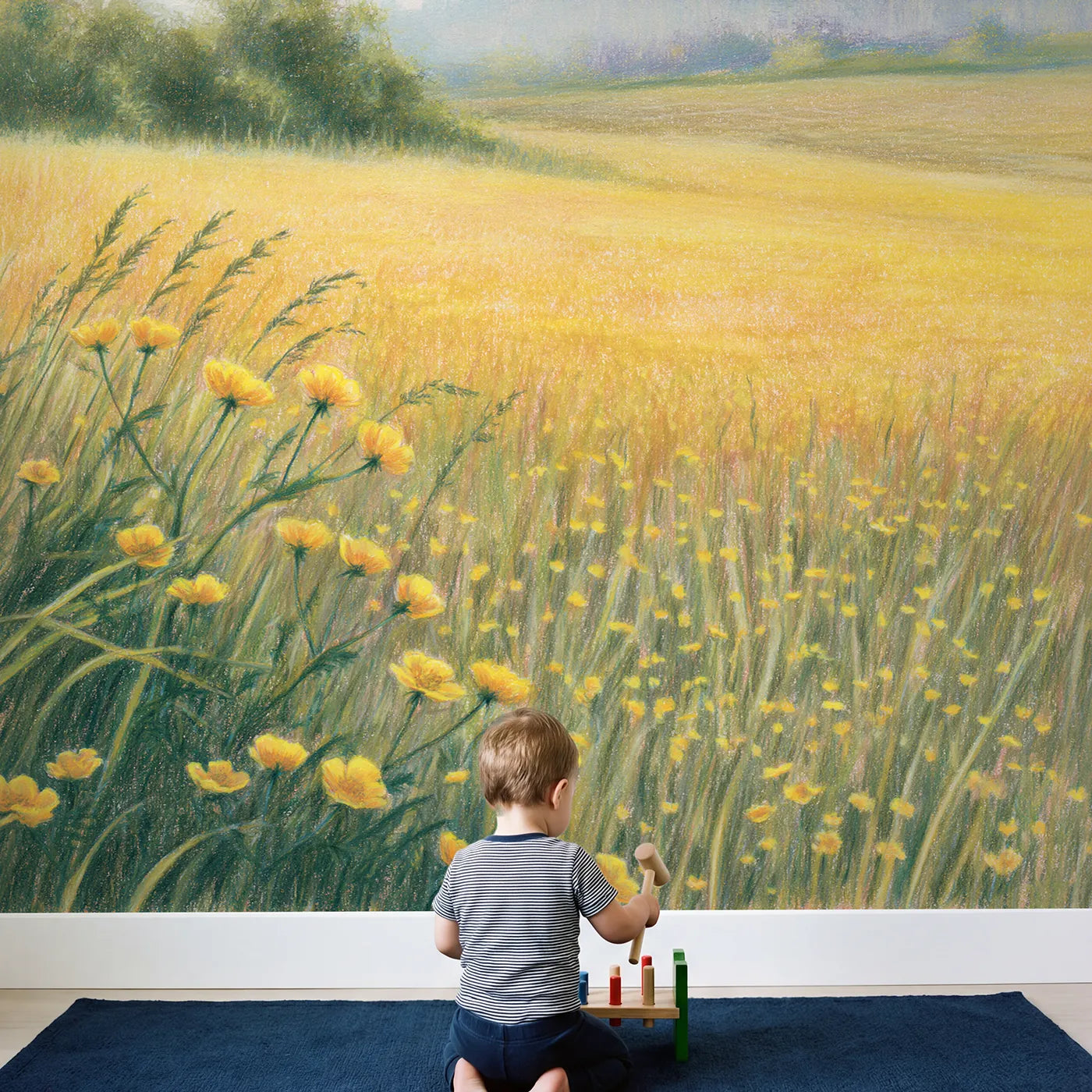 Child in nursery with Buttercup Meadow Wallpaper Mural by Whimsy Tots
