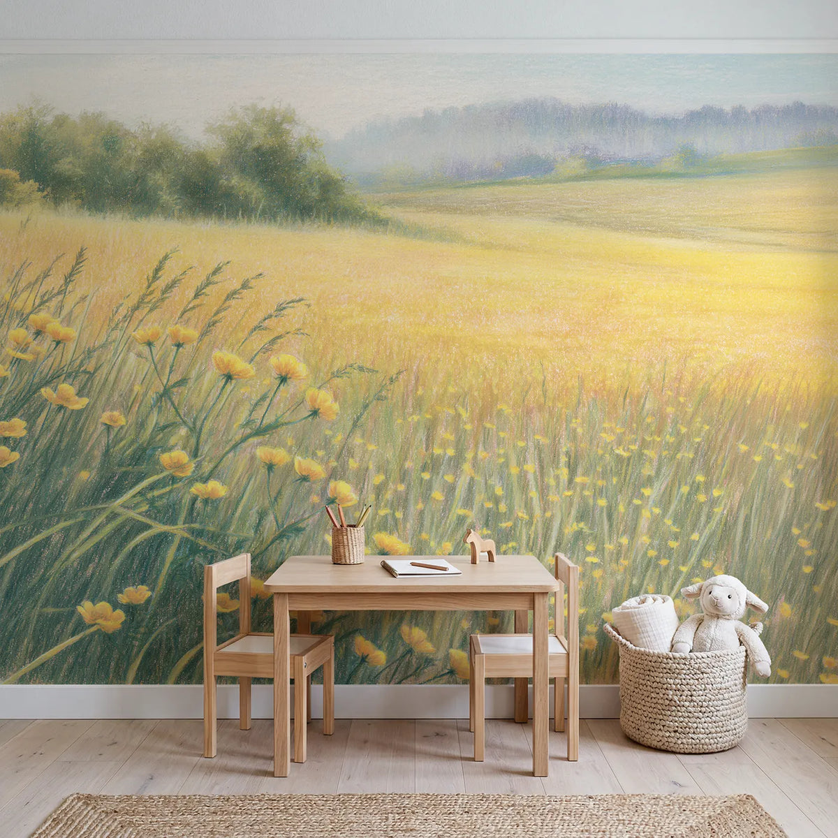 Buttercup Meadow Wallpaper Mural in playroom setting by Whimsy Tots