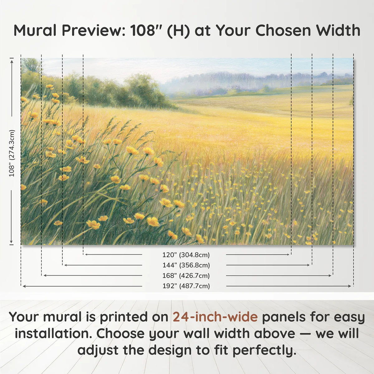 Panel layout and dimensions for Buttercup Meadow Wallpaper Mural by Whimsy Tots