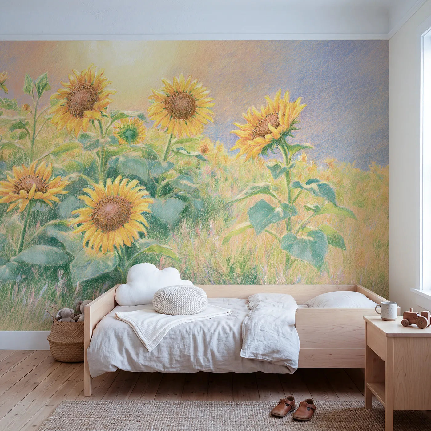 Colored-pencil wall mural of sunflowers turning to light by Whimsy Tots