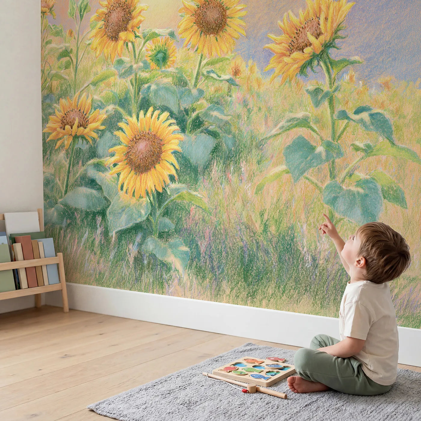 Child in nursery with Sunflowers to the Light Wallpaper Mural by Whimsy Tots