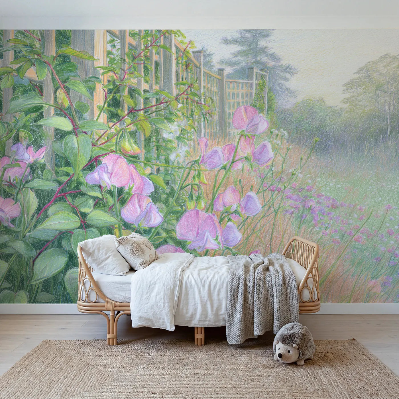 Colored-pencil wall mural of sweet peas on a trellis by Whimsy Tots