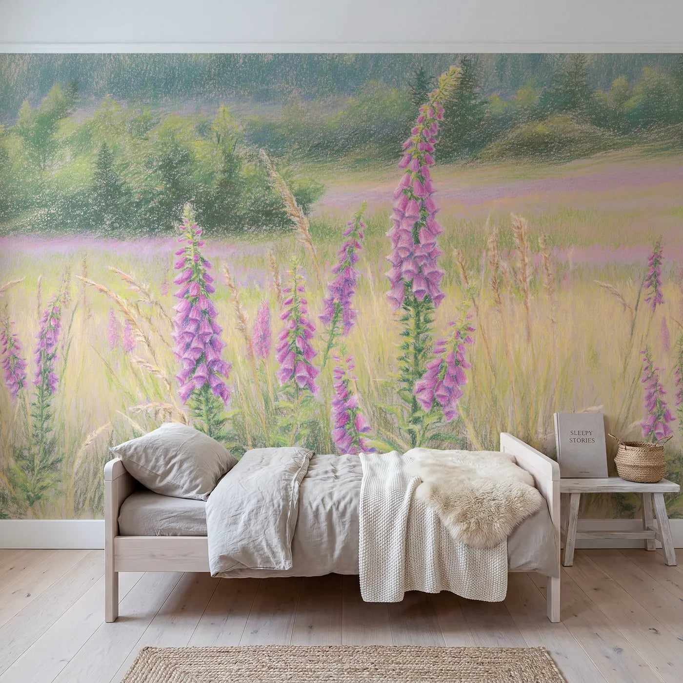 Colored-pencil wall mural of tall foxglove spires by Whimsy Tots
