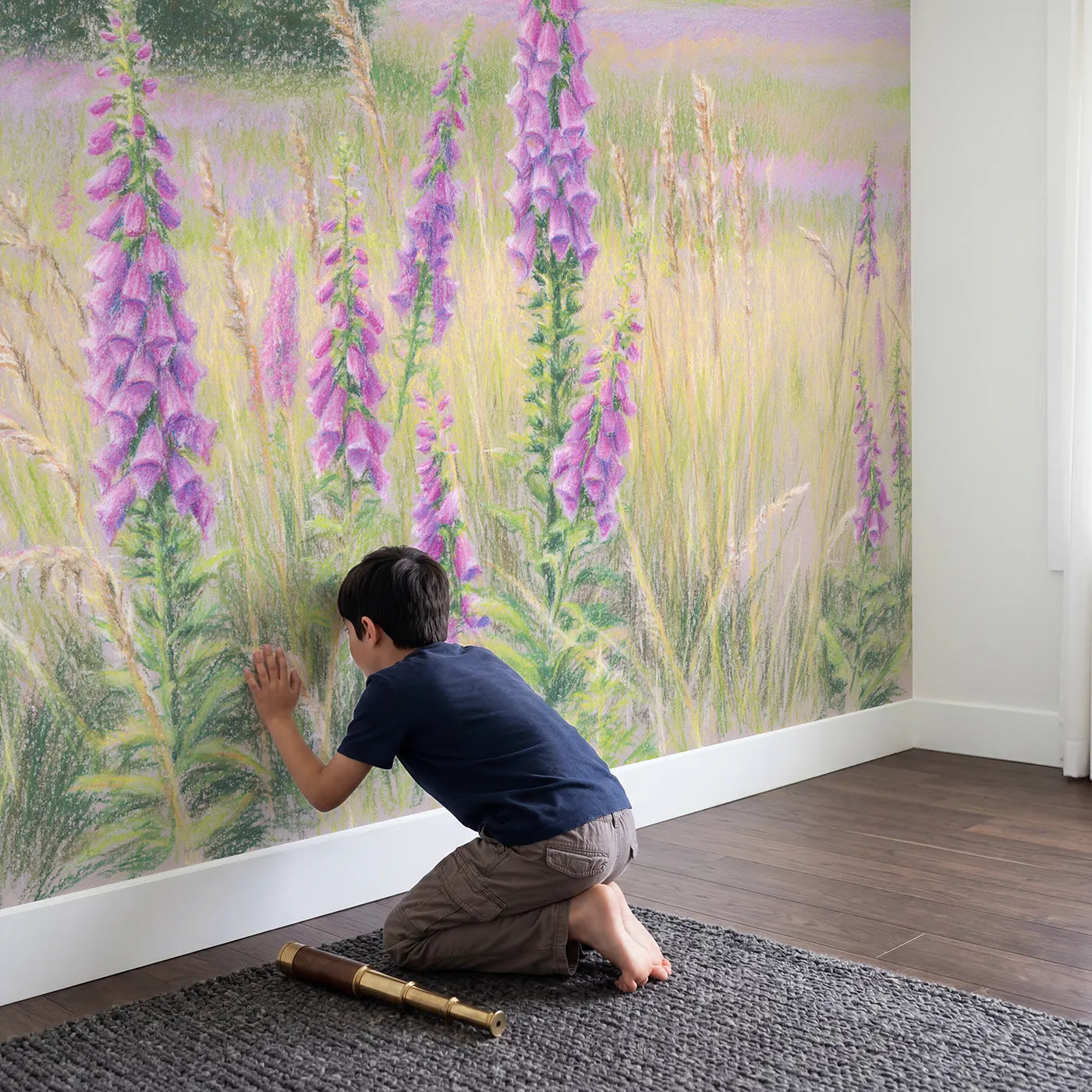 Child in nursery with Foxglove Spires Wallpaper Mural by Whimsy Tots