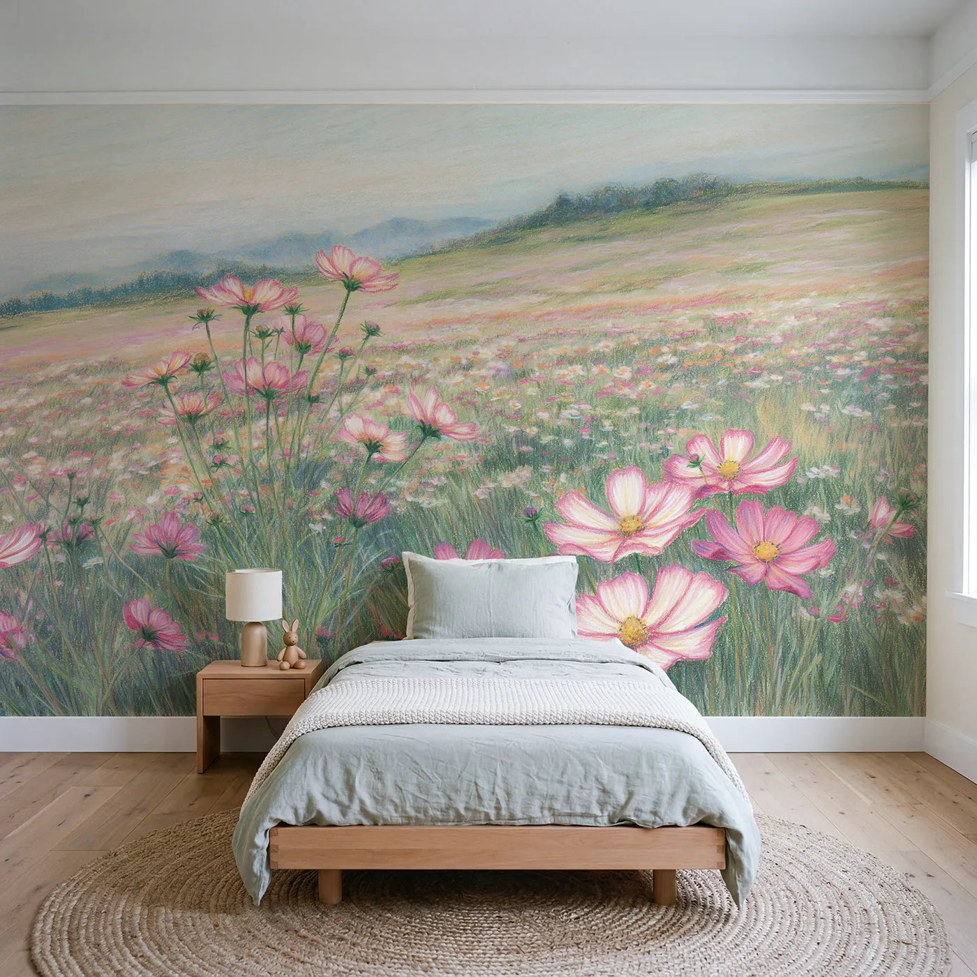 Colored-pencil wall mural of cosmos swaying in a breeze by Whimsy Tots