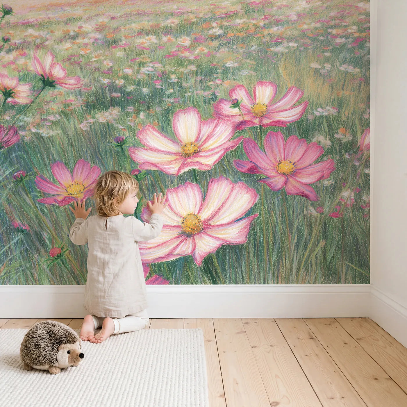 Child in nursery with Cosmos in the Breeze Wallpaper Mural by Whimsy Tots