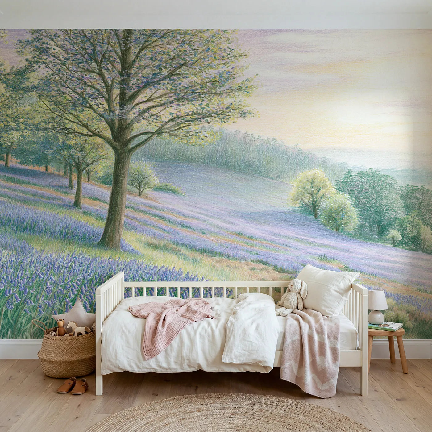 Colored-pencil wall mural of a bluebell drift bank by Whimsy Tots