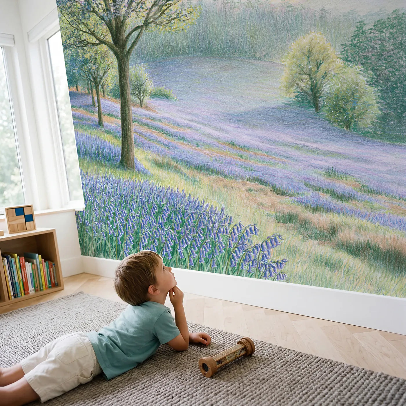 Child in nursery with Bluebell Drift Wallpaper Mural by Whimsy Tots