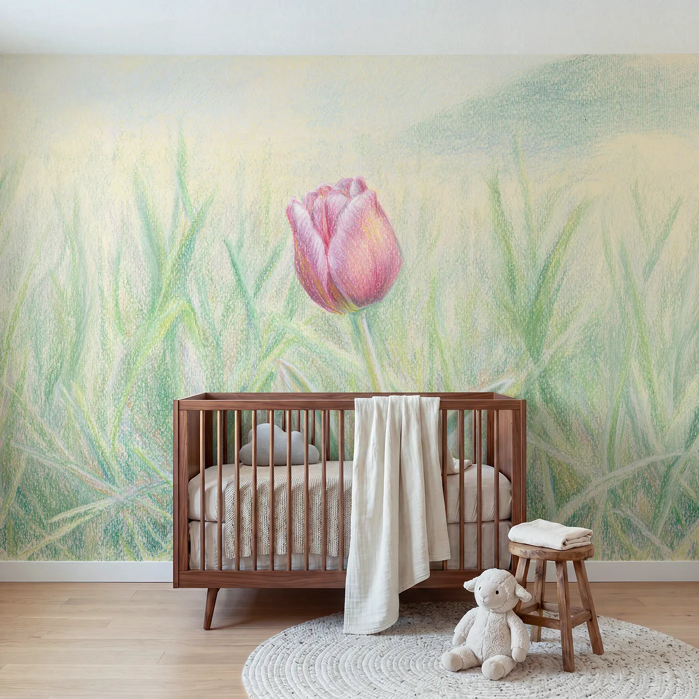 Colored-pencil wall mural of a single soft tulip by Whimsy Tots